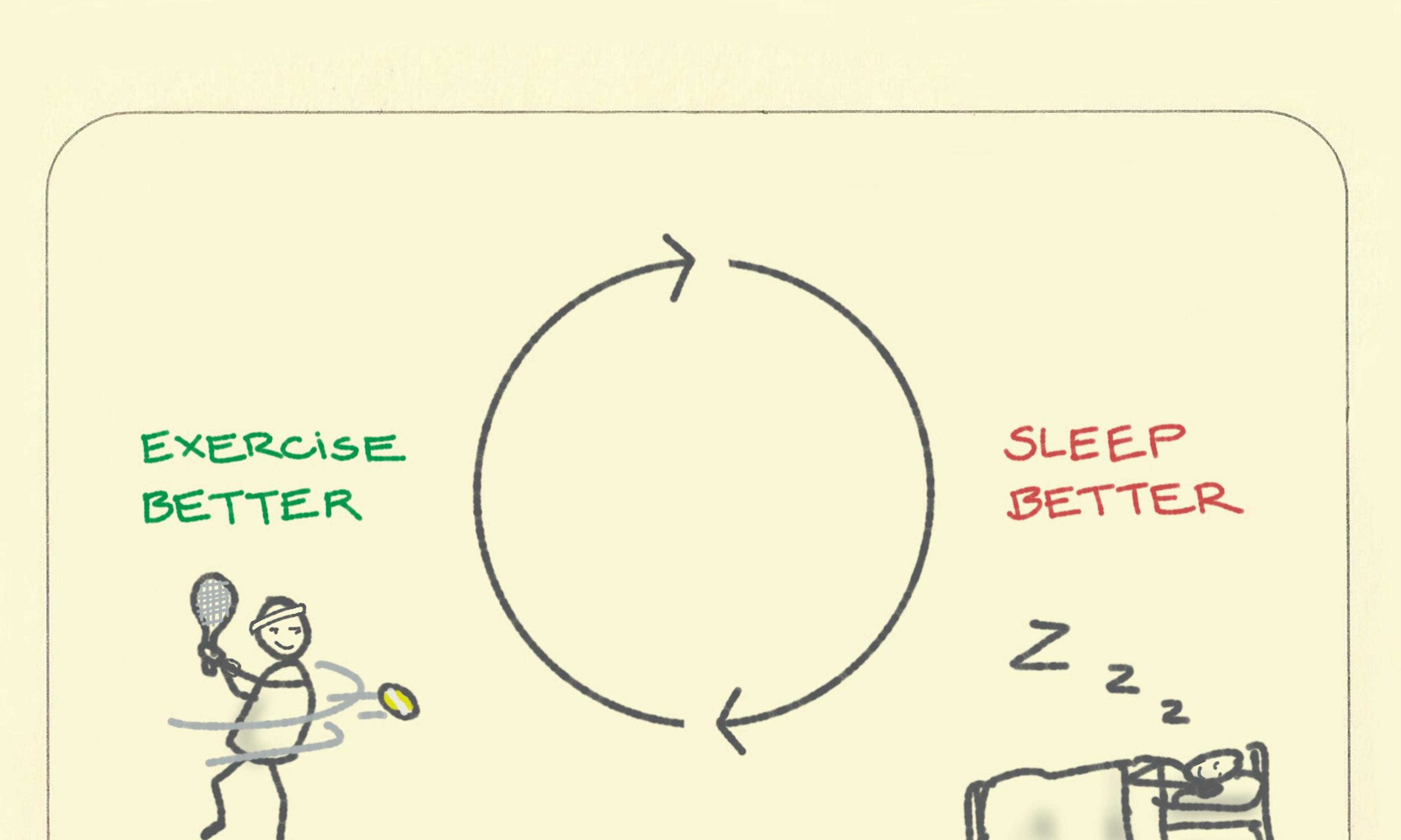 The virtuous cycle of exercise and sleep showing the loop of a tennis player exercising better, then sleeping better, then exercising better...