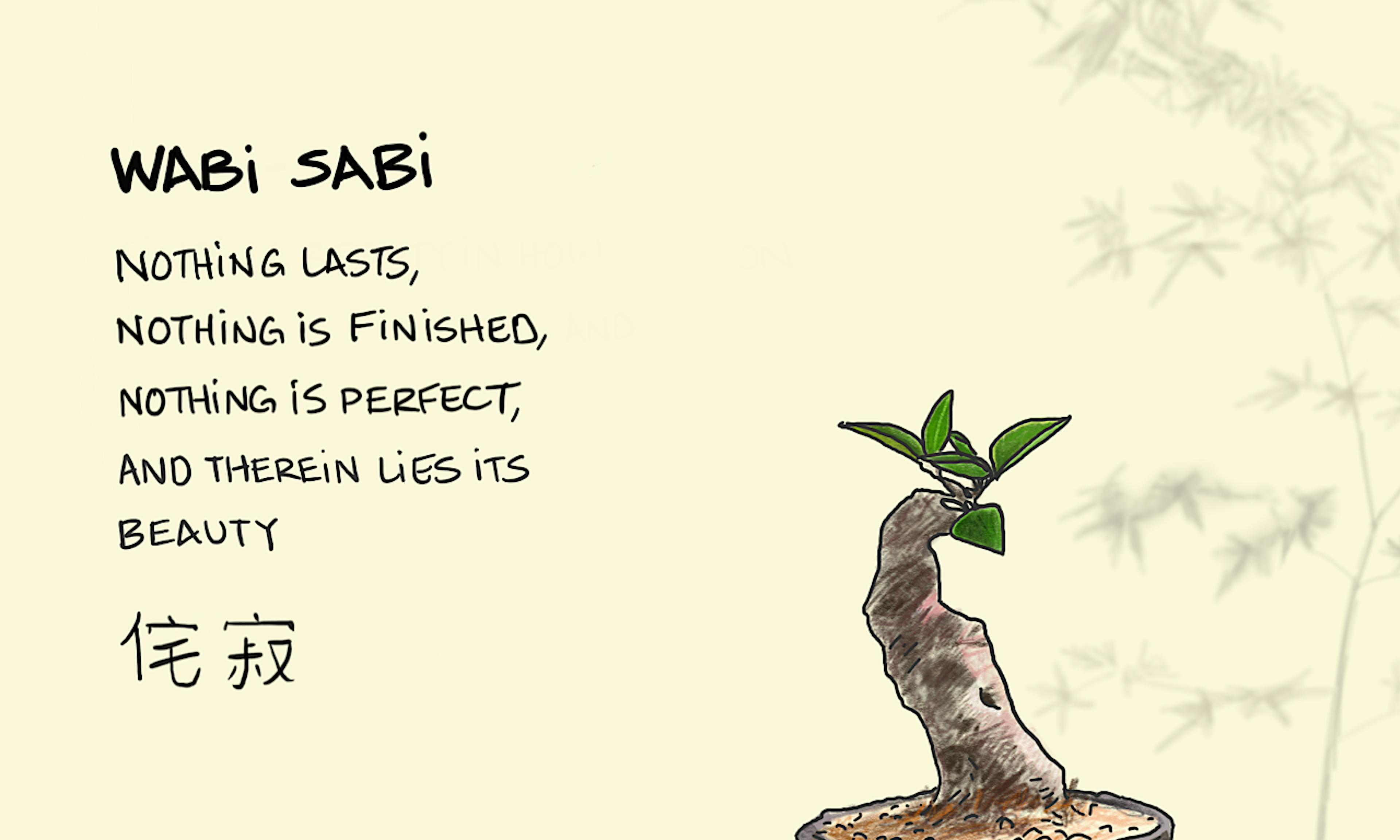 What is wabi sabi Japanese wisdom meaning and definition with an old bonsai tree in a bowl and some fallen leaves in wabi-sabi style