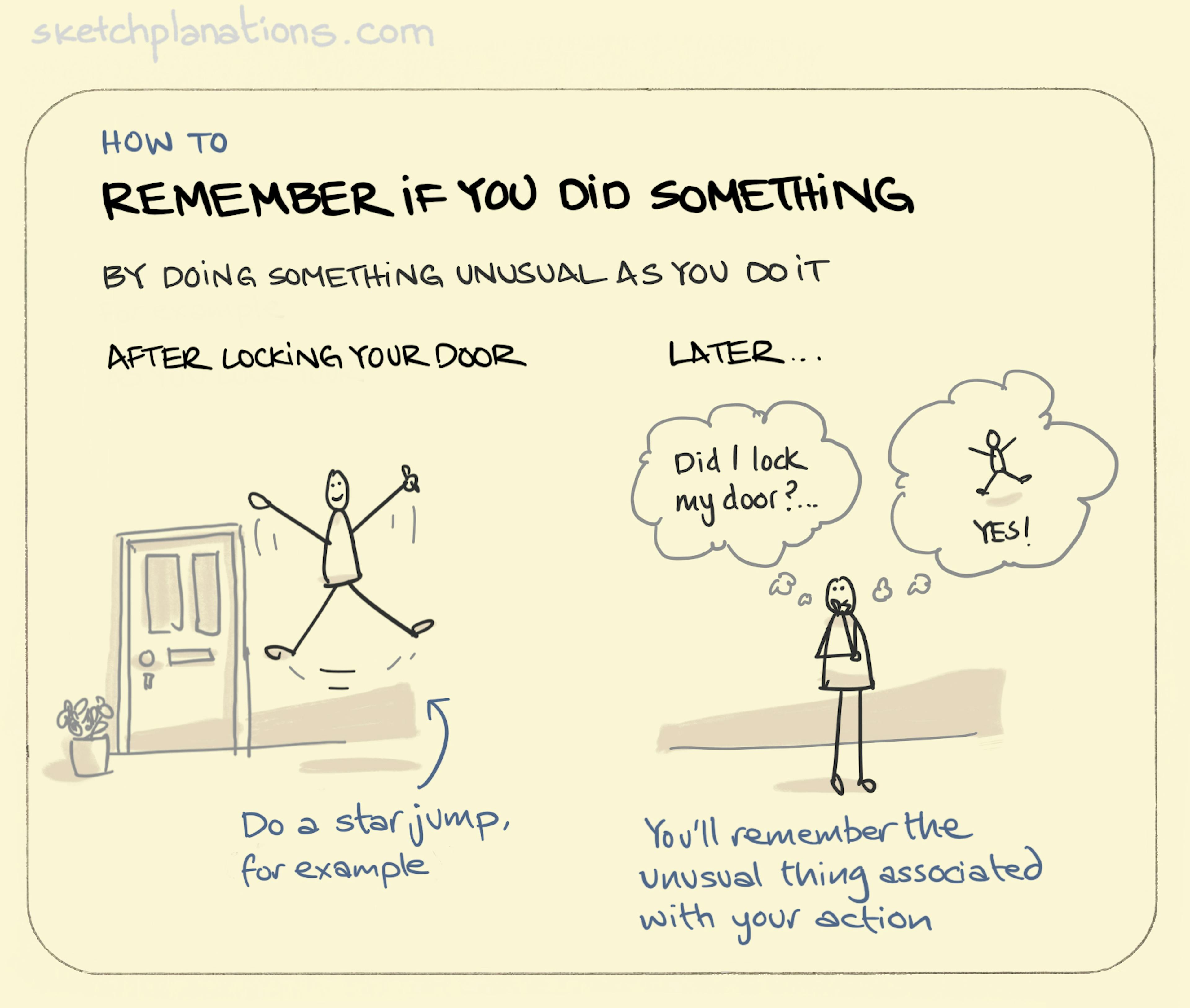 How to remember if you did something illustration: a person does a star jump as they leave the house and lock the front door. Later on, remembering that they did a star jump helps remember that they locked the door. 