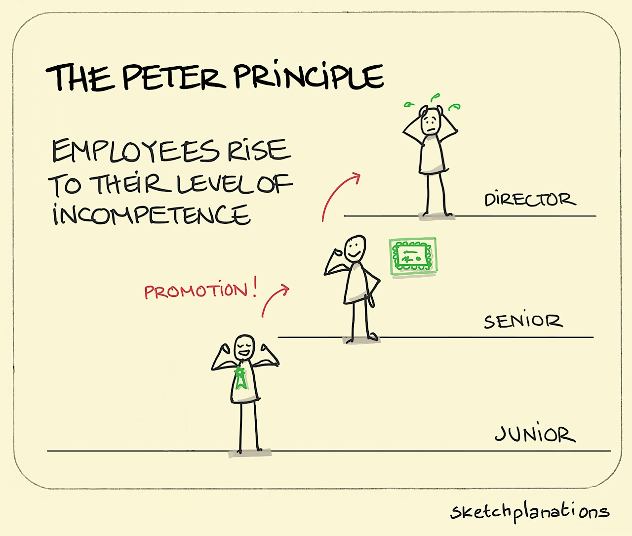 What is the Peter Principle explanation: a confident and competent junior worker gets promoted to a senior level. At the senior level, they appear very happy and excel such that they get a promotion to Director. As a Director, their competence has been exceeded and we see them in a state of stress and disarray. Oh dear.