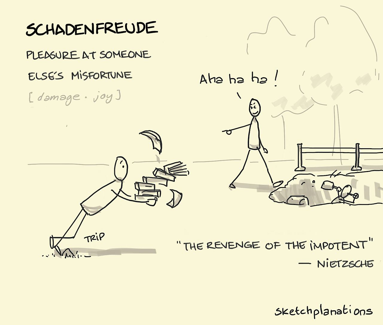 Schadenfreude illustration: pleasure at someone tripping's misfortune right before they fall in hole