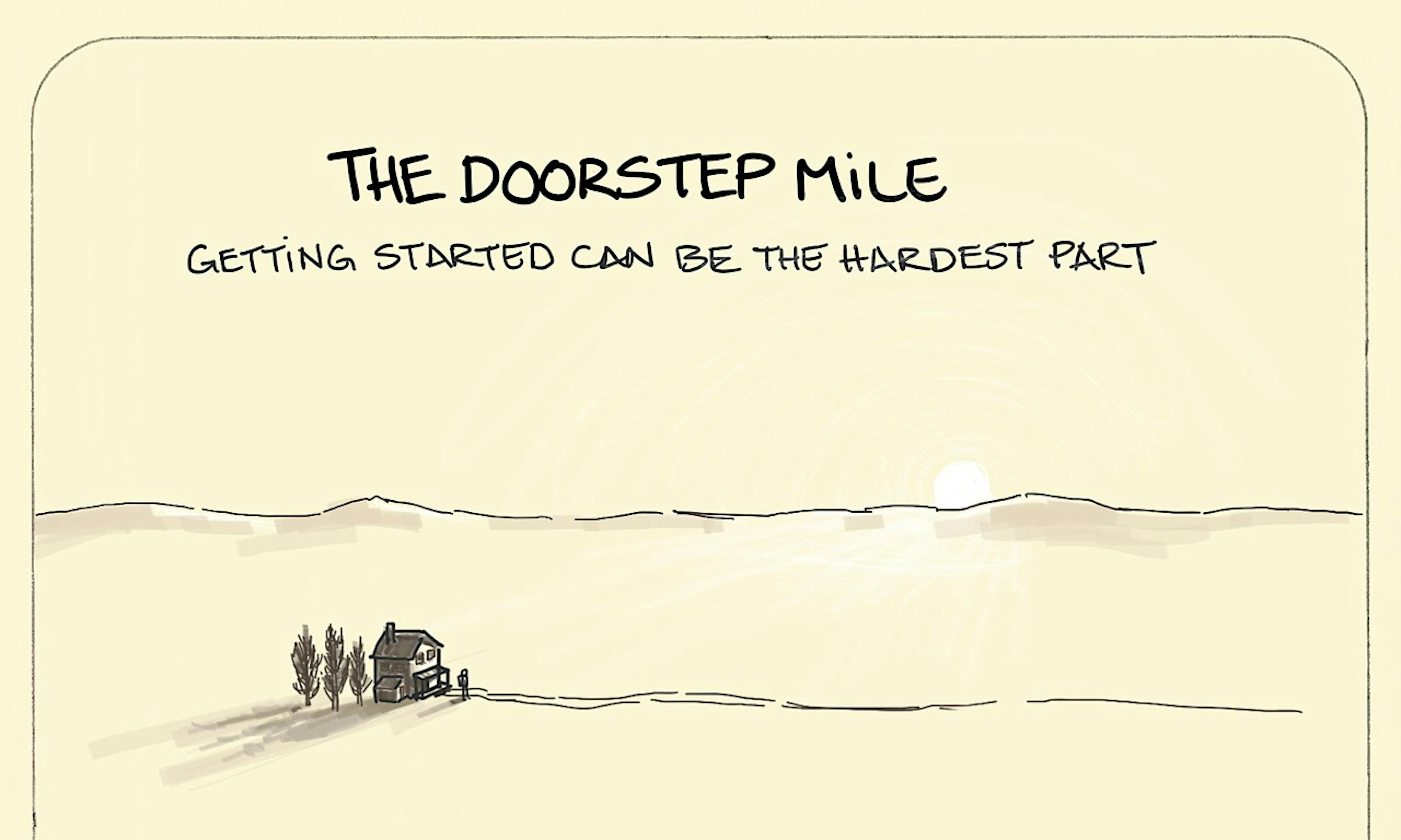What is the Doorstep Mile example about getting started: A lone soul beginning a seemingly long journey away from their isolated house in an empty landscape accompanies the Seth Godin quote "Start small, start now".