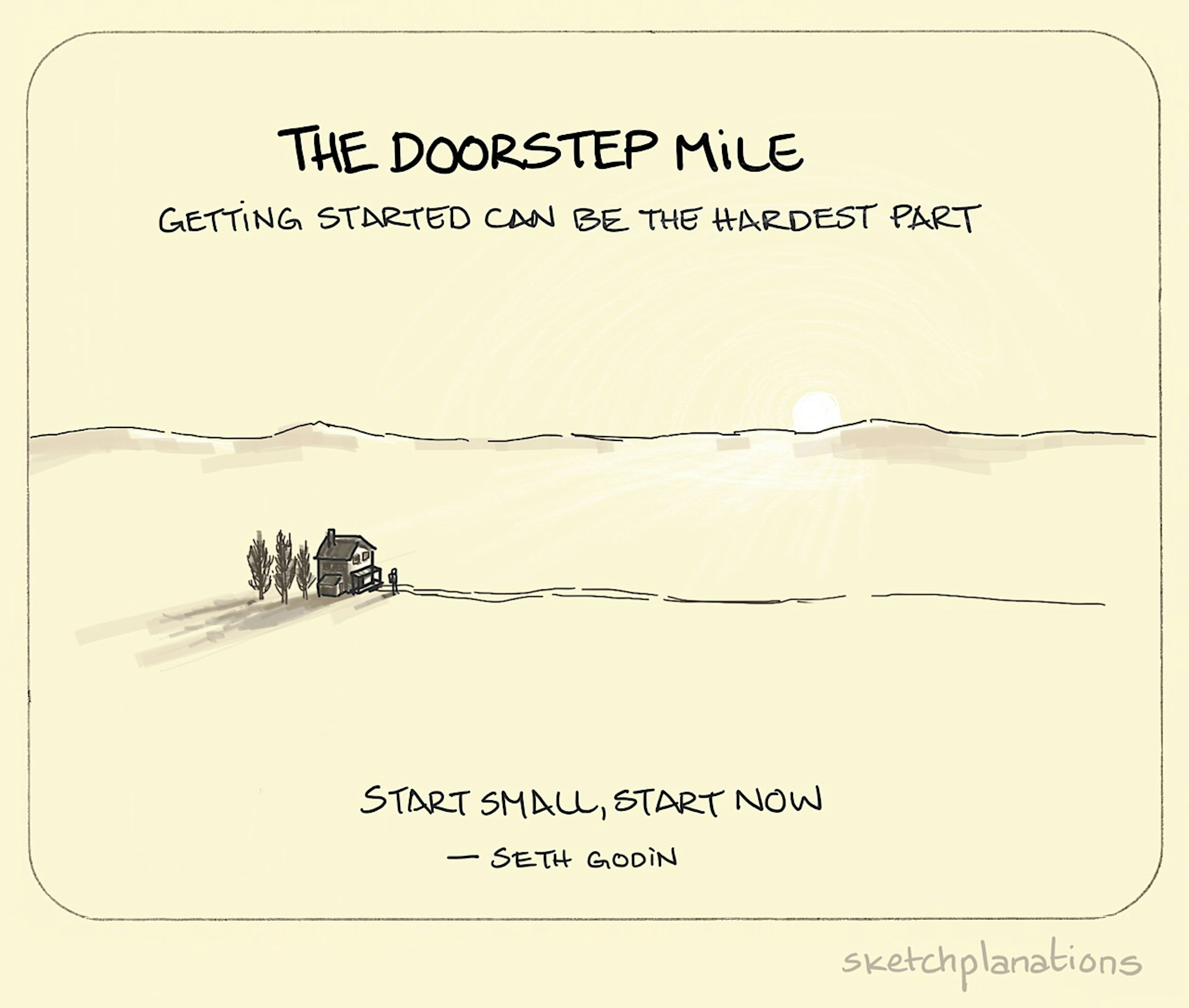 What is the Doorstep Mile example about getting started: A lone soul beginning a seemingly long journey away from their isolated house in an empty landscape accompanies the Seth Godin quote "Start small, start now".