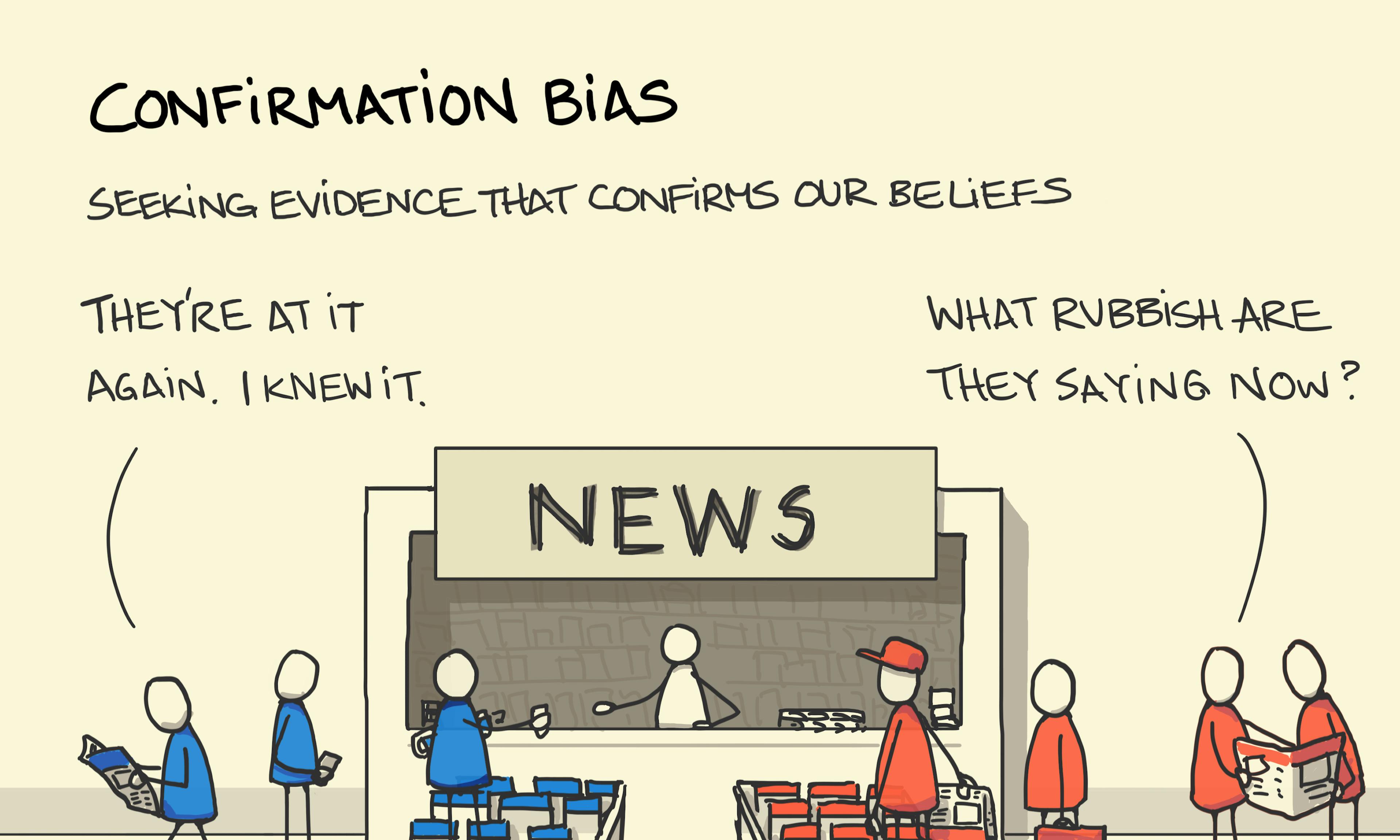 Confirmation bias: people dressed in blue buy the blue newspapers at a newsstand while some reds are buying the red papers.