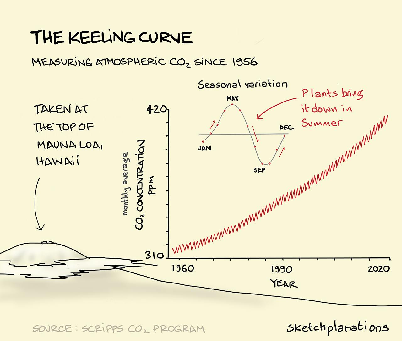 The Keeling Curve illustration: A line graph shows a tight zig-zag red line rising from around 310 parts per million (ppm) monthly average CO2 concentration in the air at the top of Mauna Loa volcano in Hawaii in 1960, up to 410 ppm in 2020. The smaller graph at the top shows the reason for the zig-zag nature of the line; the seasonal variation of CO2 concentration in the air due to more plants blooming and photosynthesising in Spring and Summer.