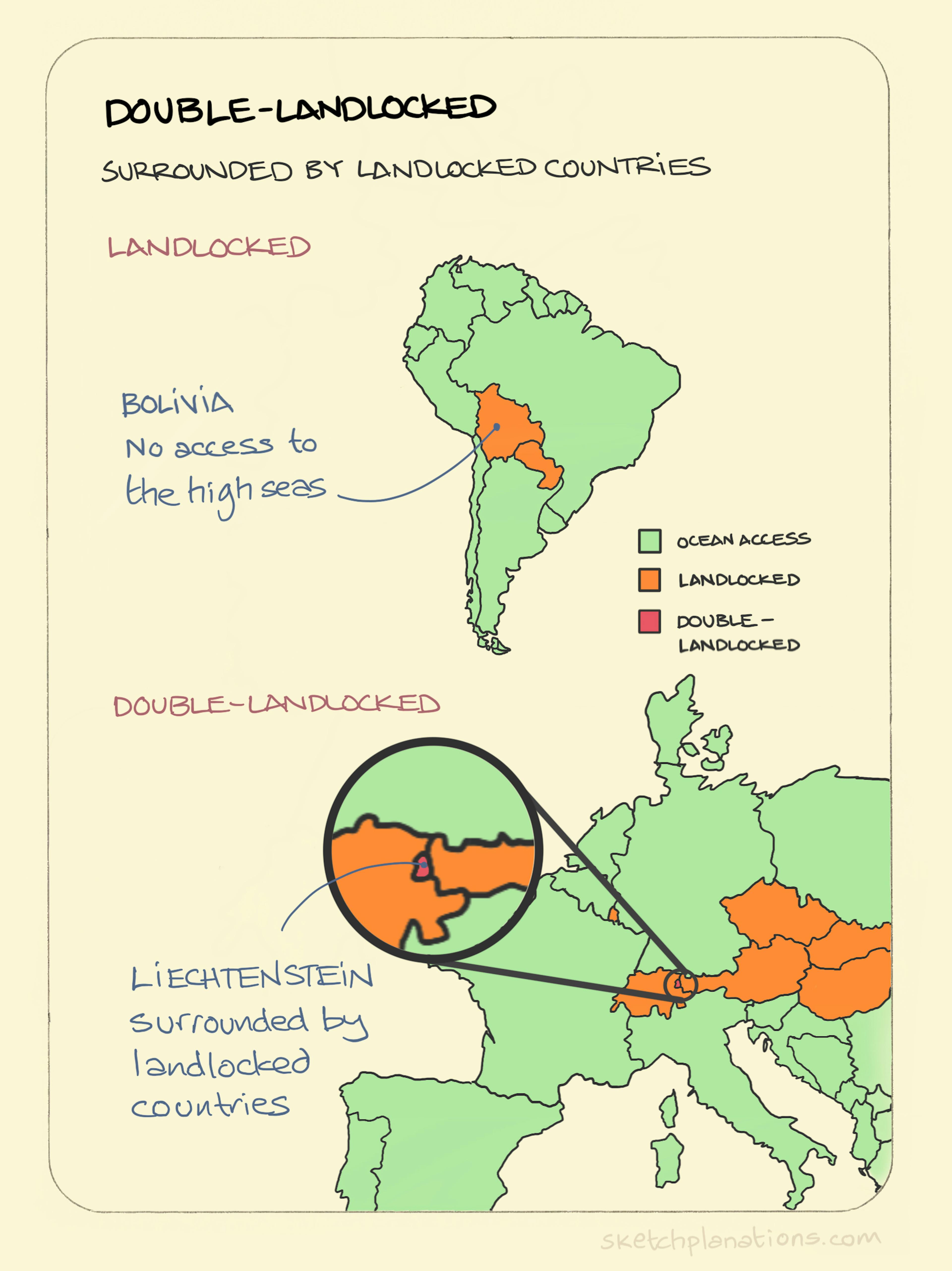 Double-landlocked countries — Lichtenstein and Uzbekistan —explained with a map of Lichtenstein wholly surrounded by landlocked countries