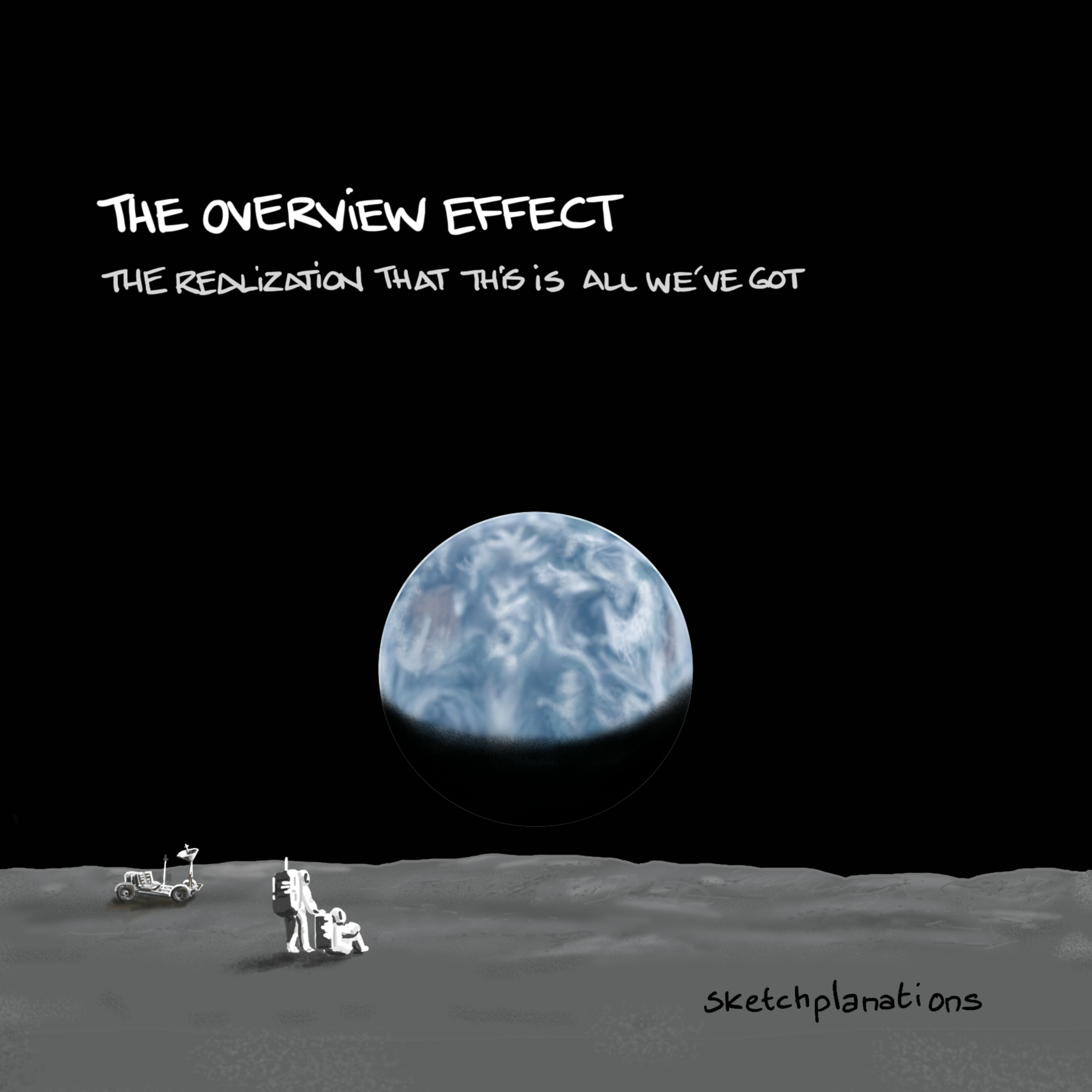 The overview effect illustration: 2 astronauts have a bit of a moment and need to sit down when taking in the majestic view of Earth from the moon and realise this is all we've got.