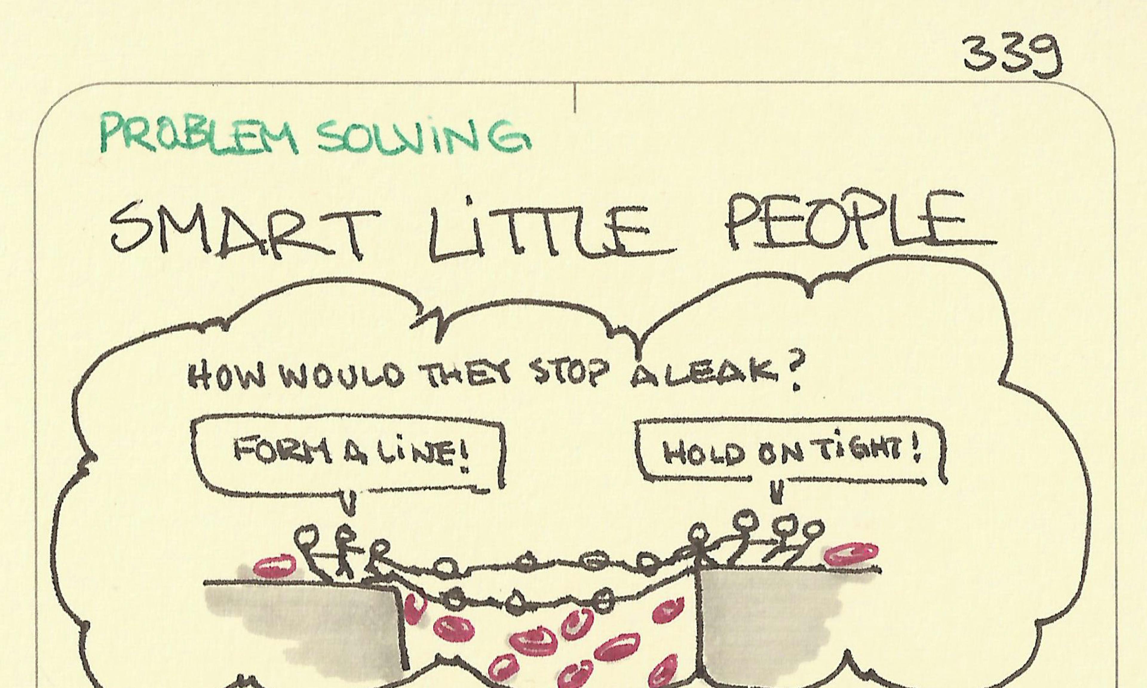 The Smart Little People problem-solving method from TRIZ: someone wonders how little people would solve a technical problem of fixing a leak