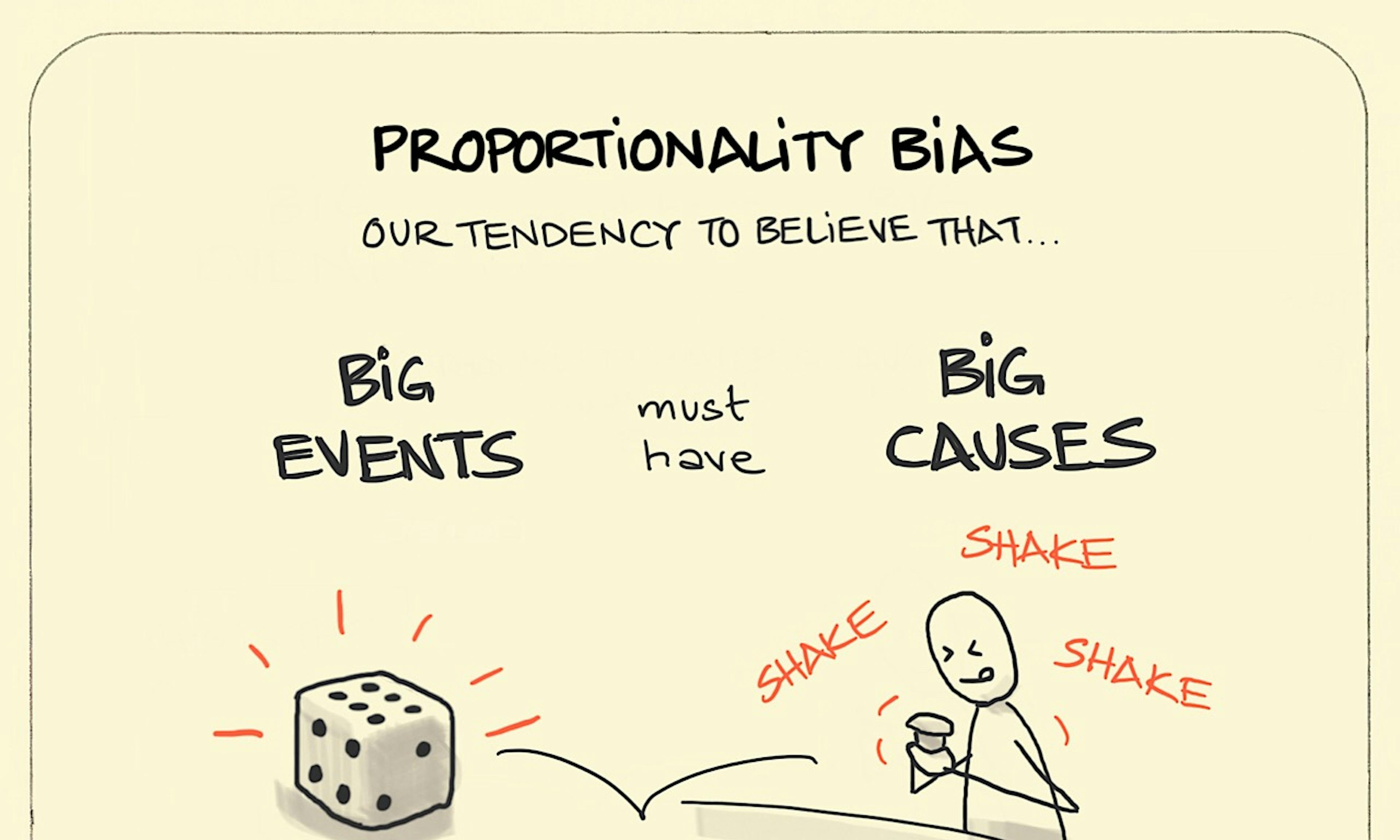 Proportionality Bias illustration: a dice has landed on a six and the person who rolled it gave it a really good shake beforehand.