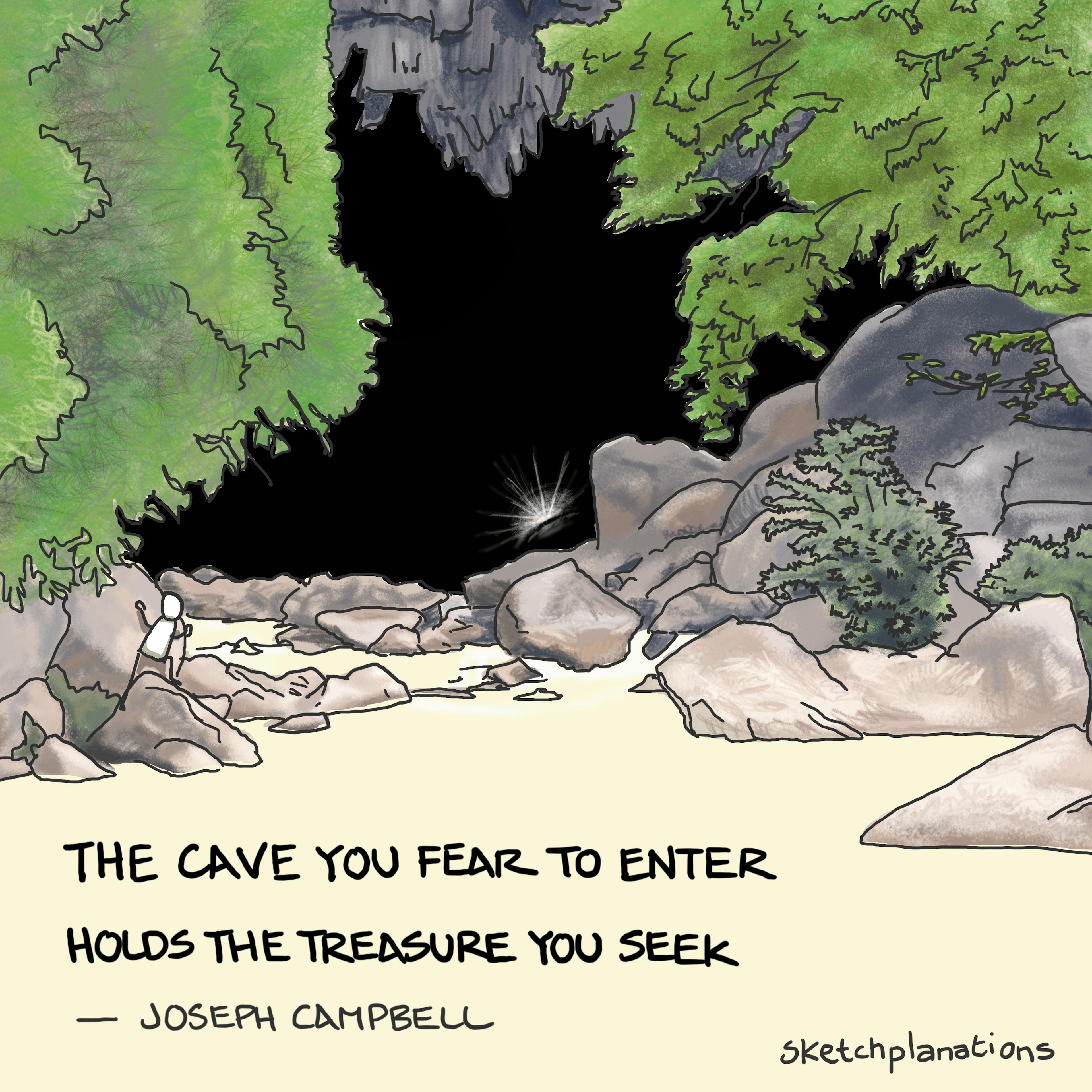 Someone exploring the mouth of a large, dark cave where they can see a mysterious light