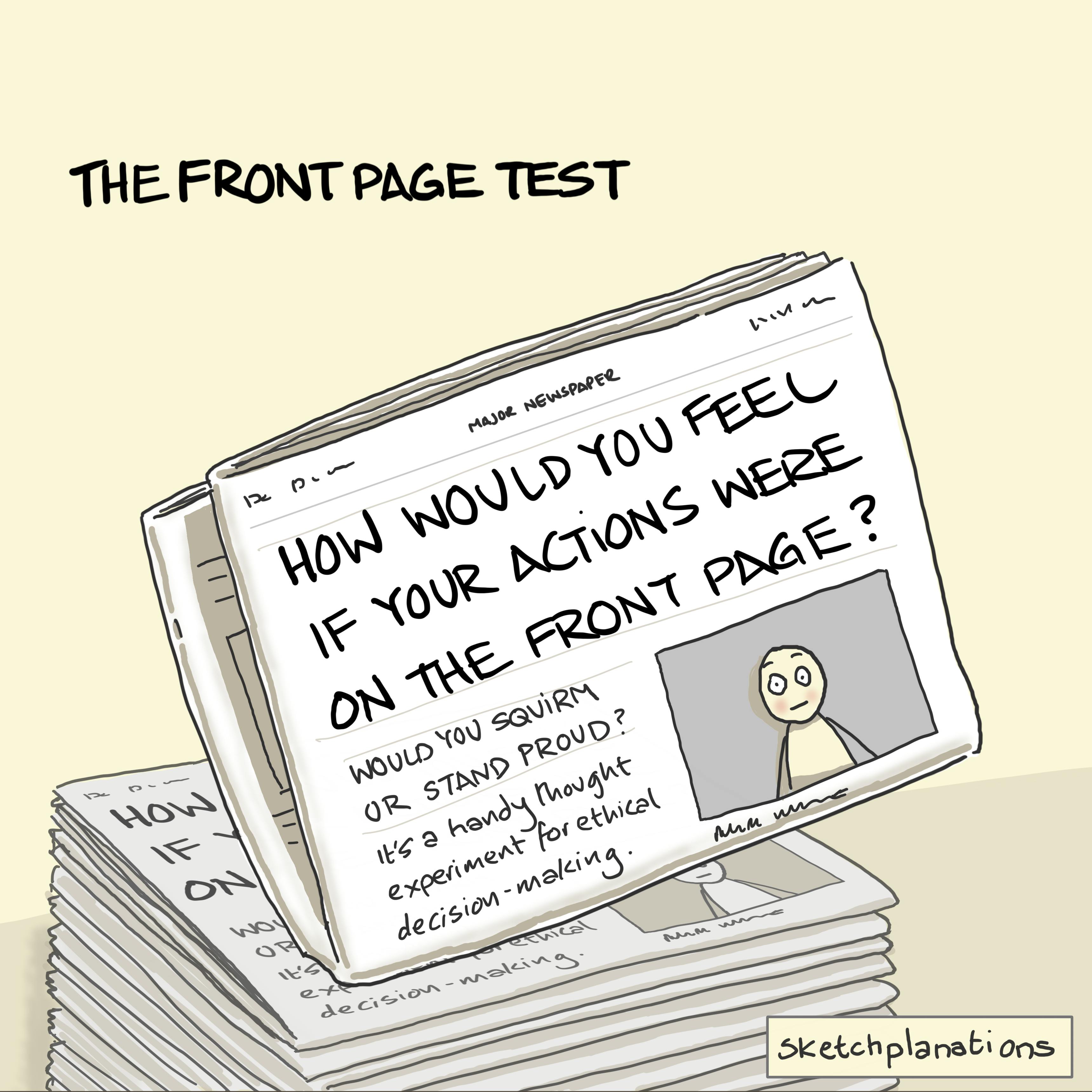 The Front Page test illustration: a stack of today's newspapers show a big picture of you on the front page, symbolising your actions or decisions being splashed in the news. How do you feel about that?