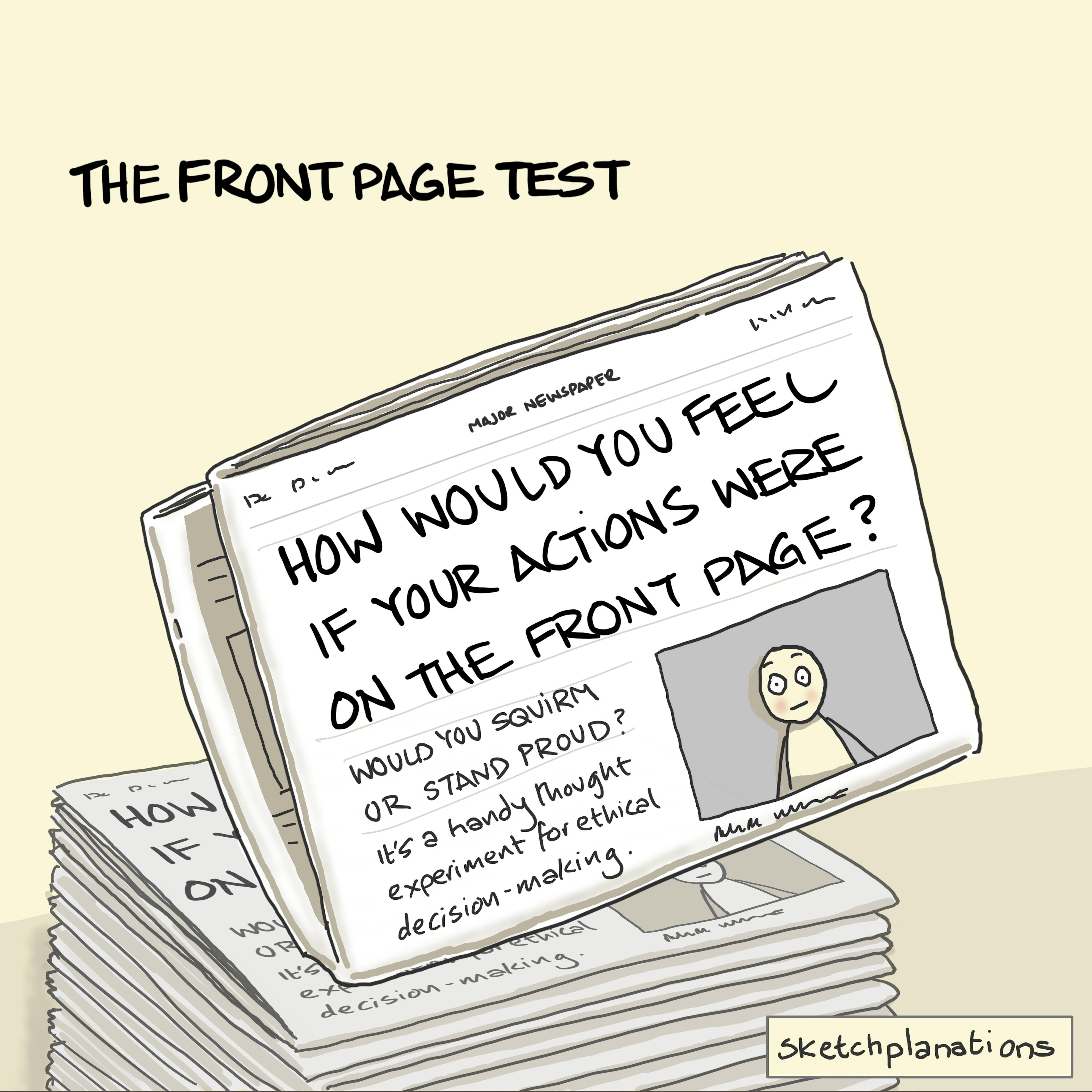 The Front Page test illustration: a stack of today's newspapers show a big picture of you on the front page, symbolising your actions or decisions being splashed in the news. How do you feel about that? 