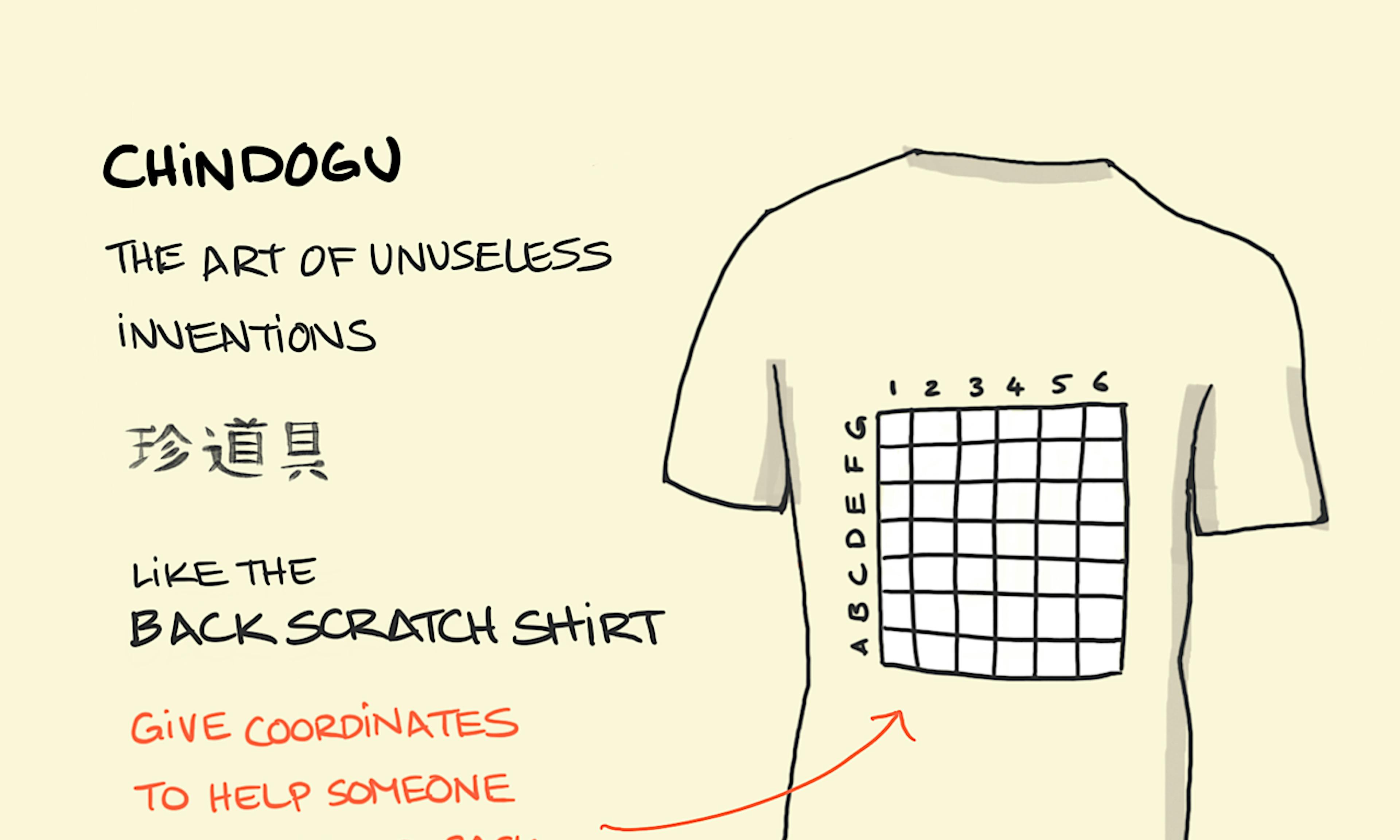 Chindogu example: A t-shirt with a labelled grid on the back could be a useful tool to guide someone to the exact coordinates you'd like your back scratched.