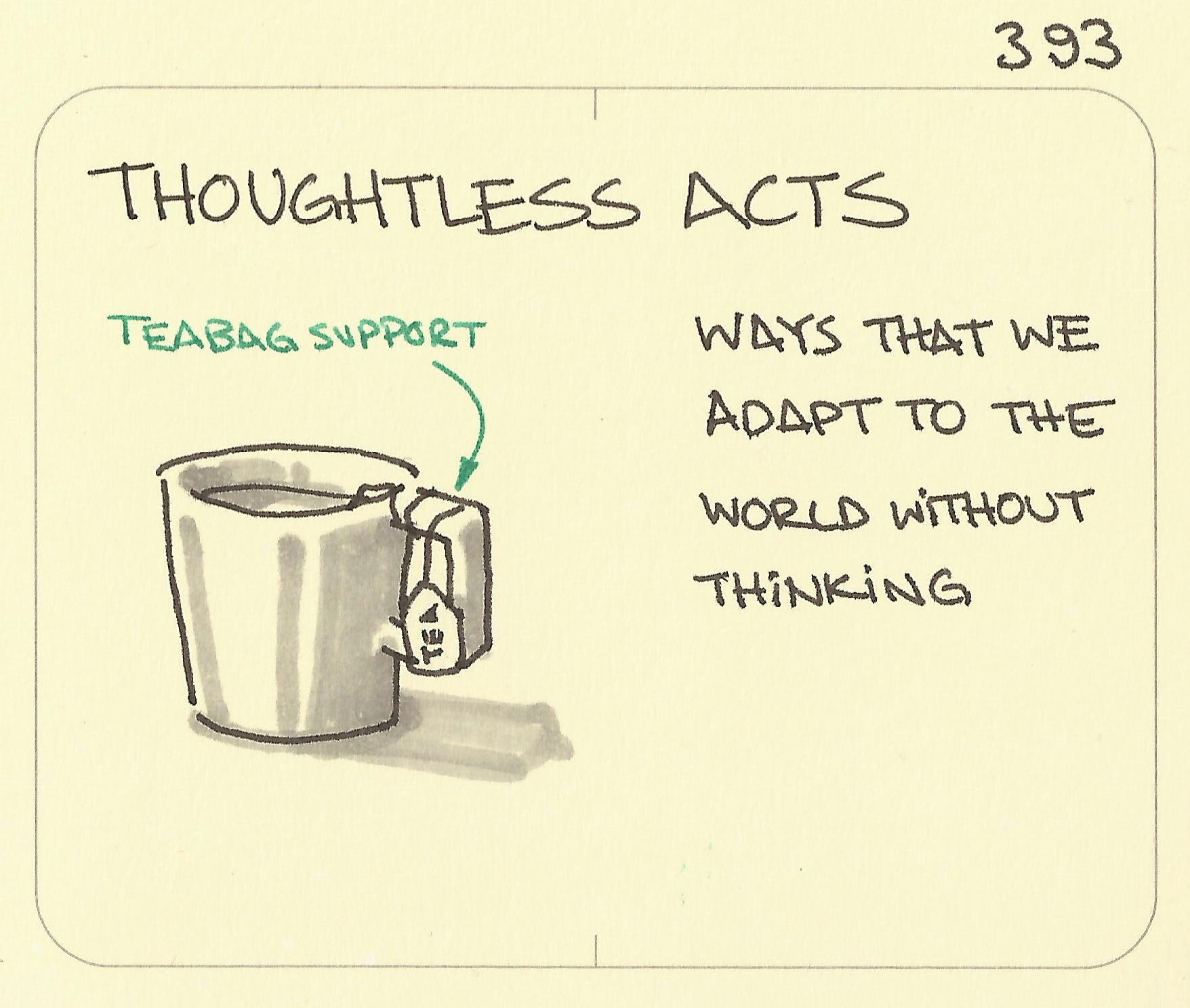 Thoughtless acts: The string of a teabag wrapped around the handle of a mug to stop it falling in shows that ways that we adapt to the world without thinking