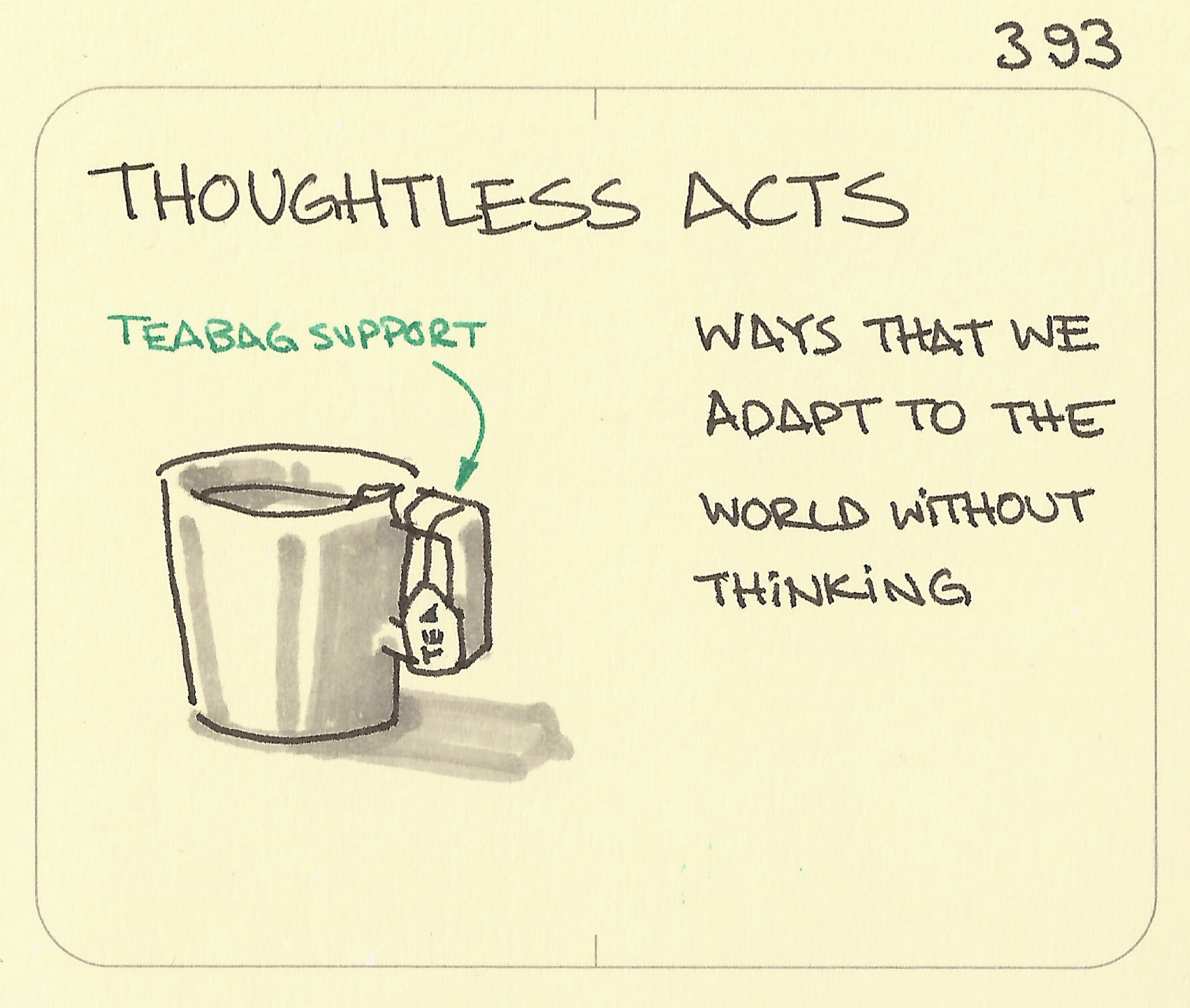 What is a Thoughtless Act example of a teabag wrapped around a handle of a mug