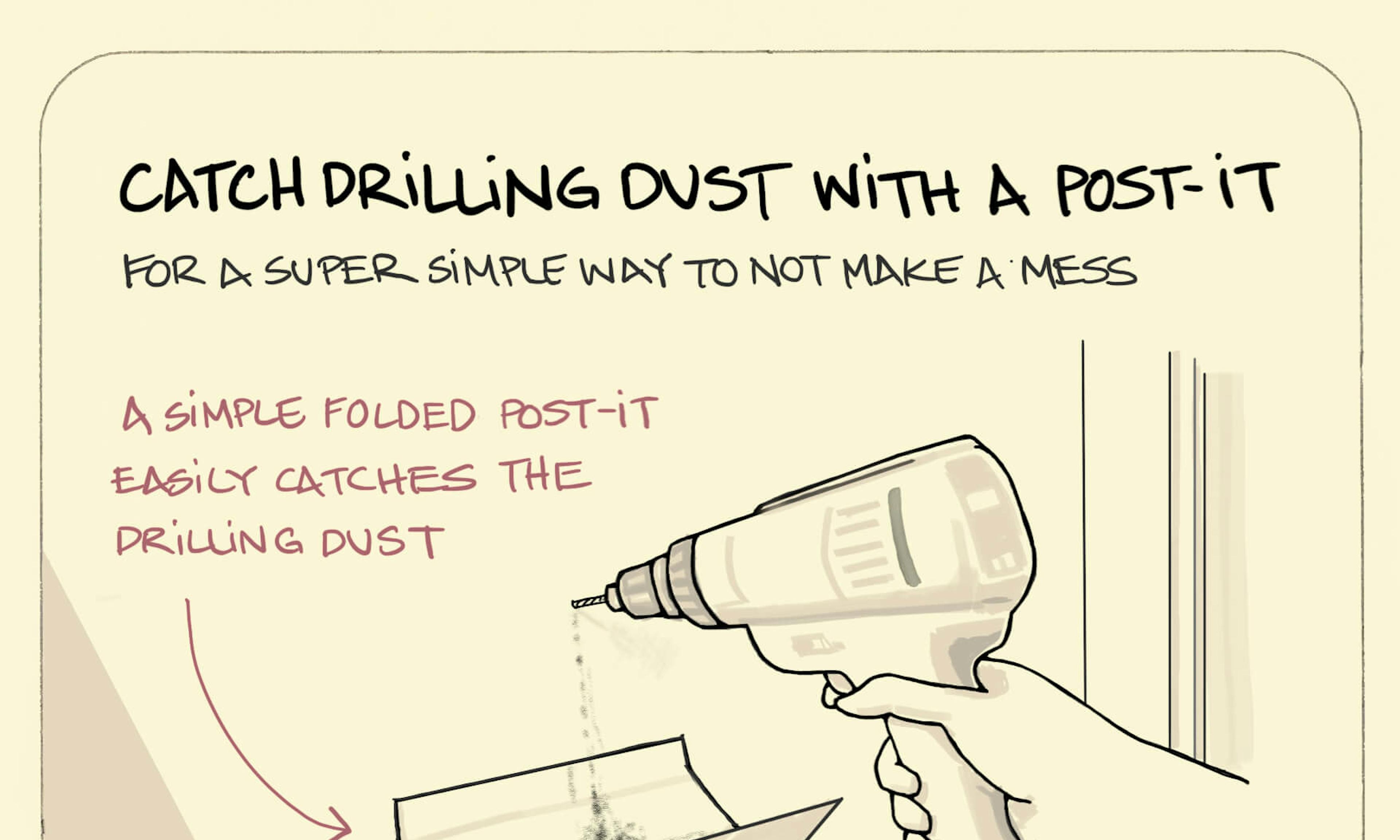 Catch drilling dust with a post-it illustration: with one fold along its length, a post-it note is stuck to the wall creating a little shelf to catch all the dust from a drill boring a hole in the wall just above.