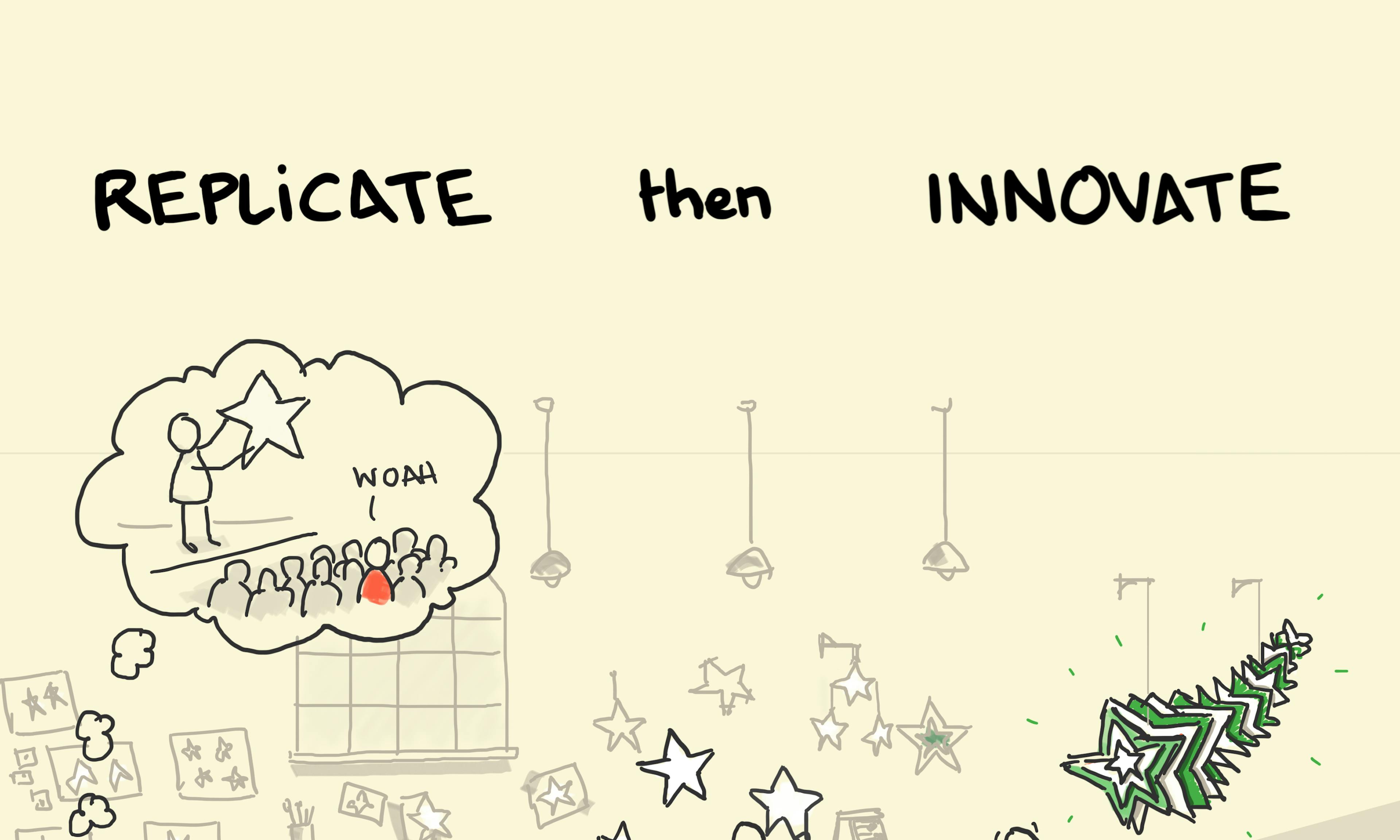 Replicate, then Innovate illustration: inspired by seeing a peer present their decorative star, a young creative sets to; making lots of stars in different styles and sizes, seemingly without any plan in mind. Some are hung up on the wall, some coloured in, some combined with other shapes, until a large, multi-coloured, multi-layered star decoration comes together and hangs majestically from 2 hooks. The young creative seems pleased with themself.