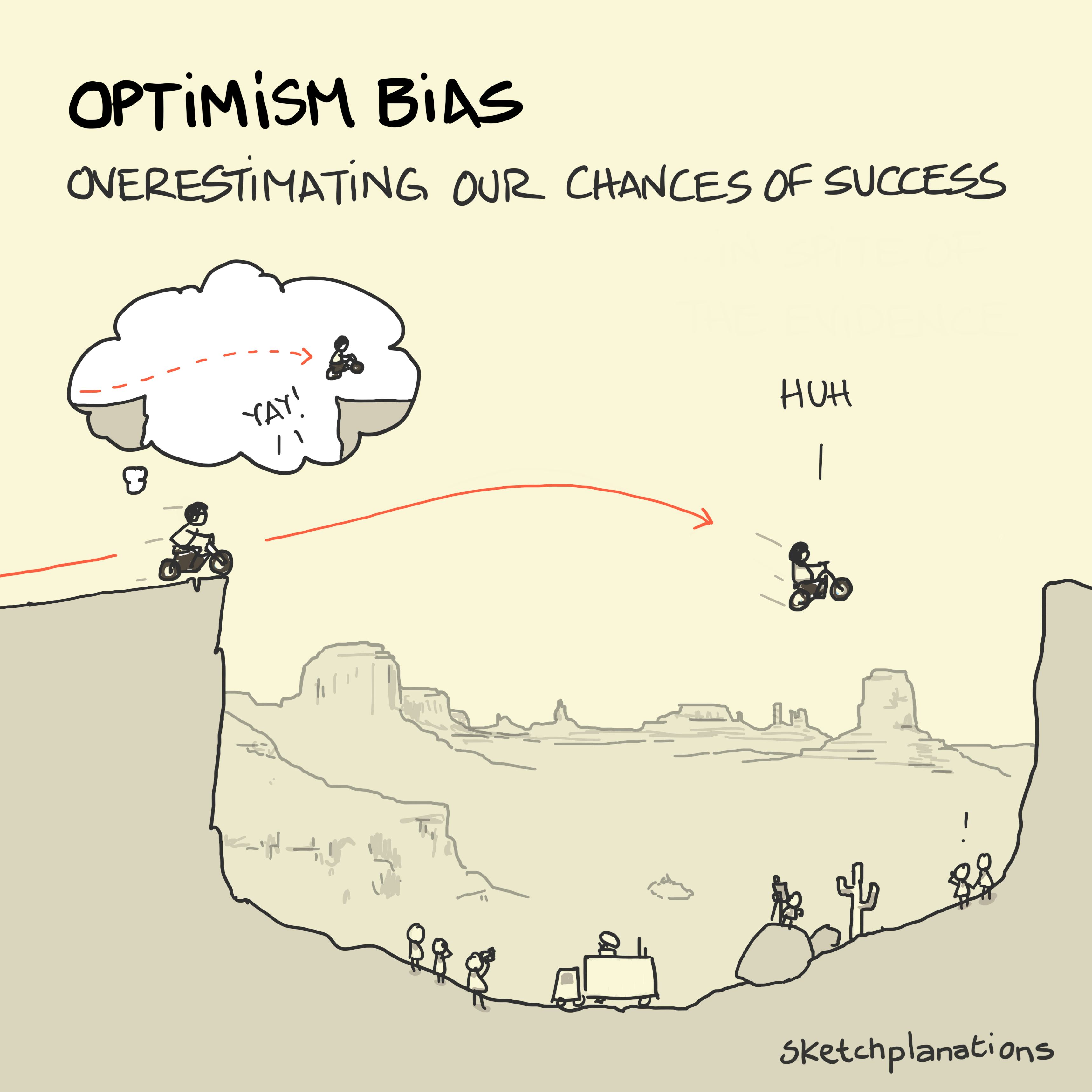Optimism bias illustration: A stunt rider overestimates their chance of leaping a canyon thanks to optimism bias. Various onlookers gasp. "Huh" says the rider
