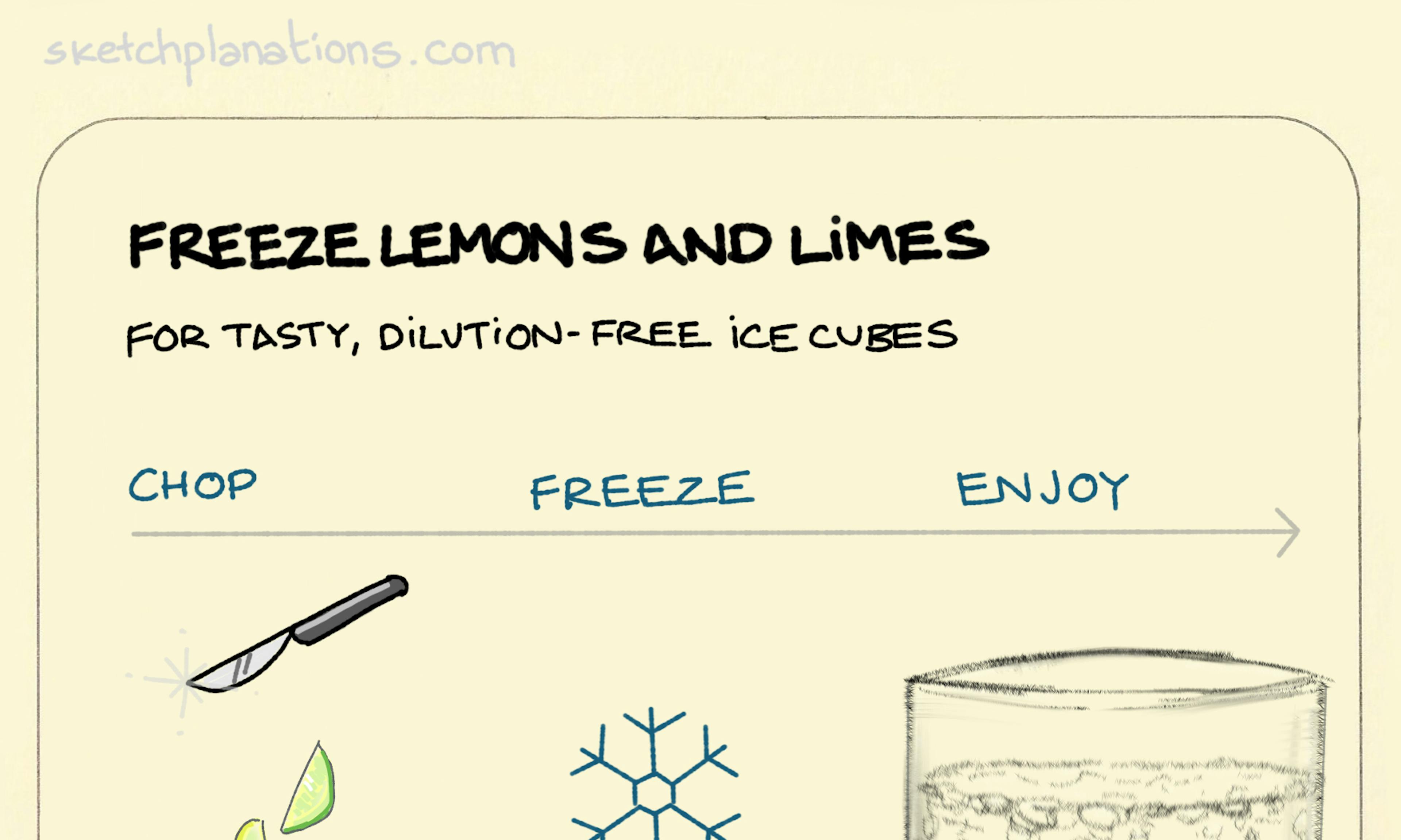 Cut then freeze lemons and limes for handy ice cubes that add flavour and don't dilute your drink.