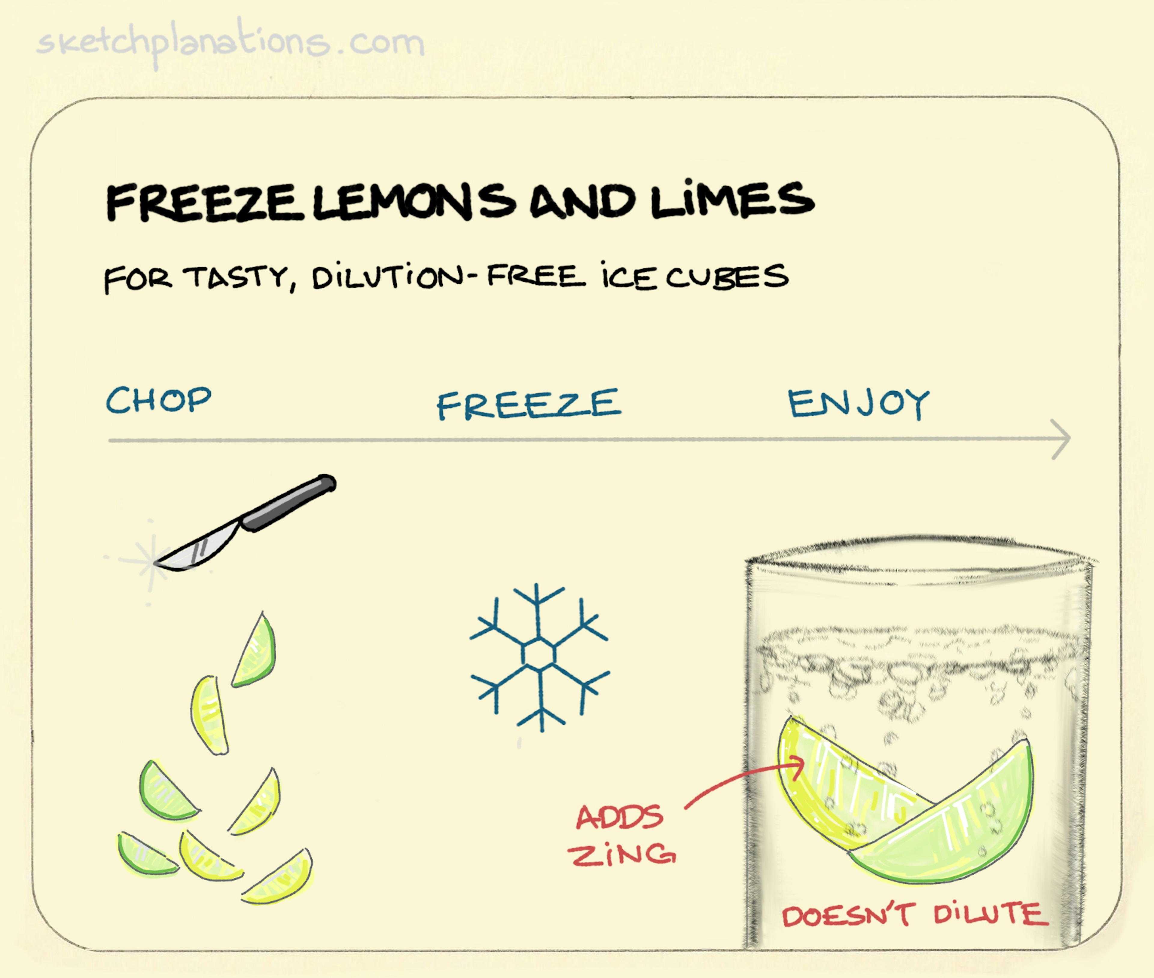 Cut then freeze lemons and limes for handy ice cubes that add flavour and don't dilute your drink.