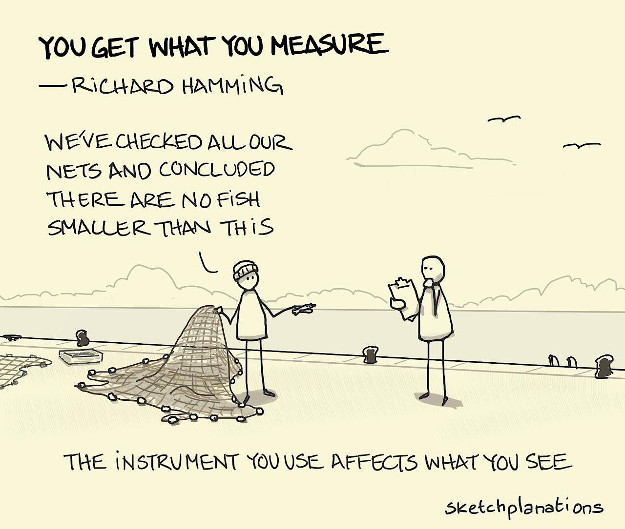 A fisherman illustrates the parable of the fishing net by concluding a minimum size of fish because they never see any smaller in their nets — you get what you measure
