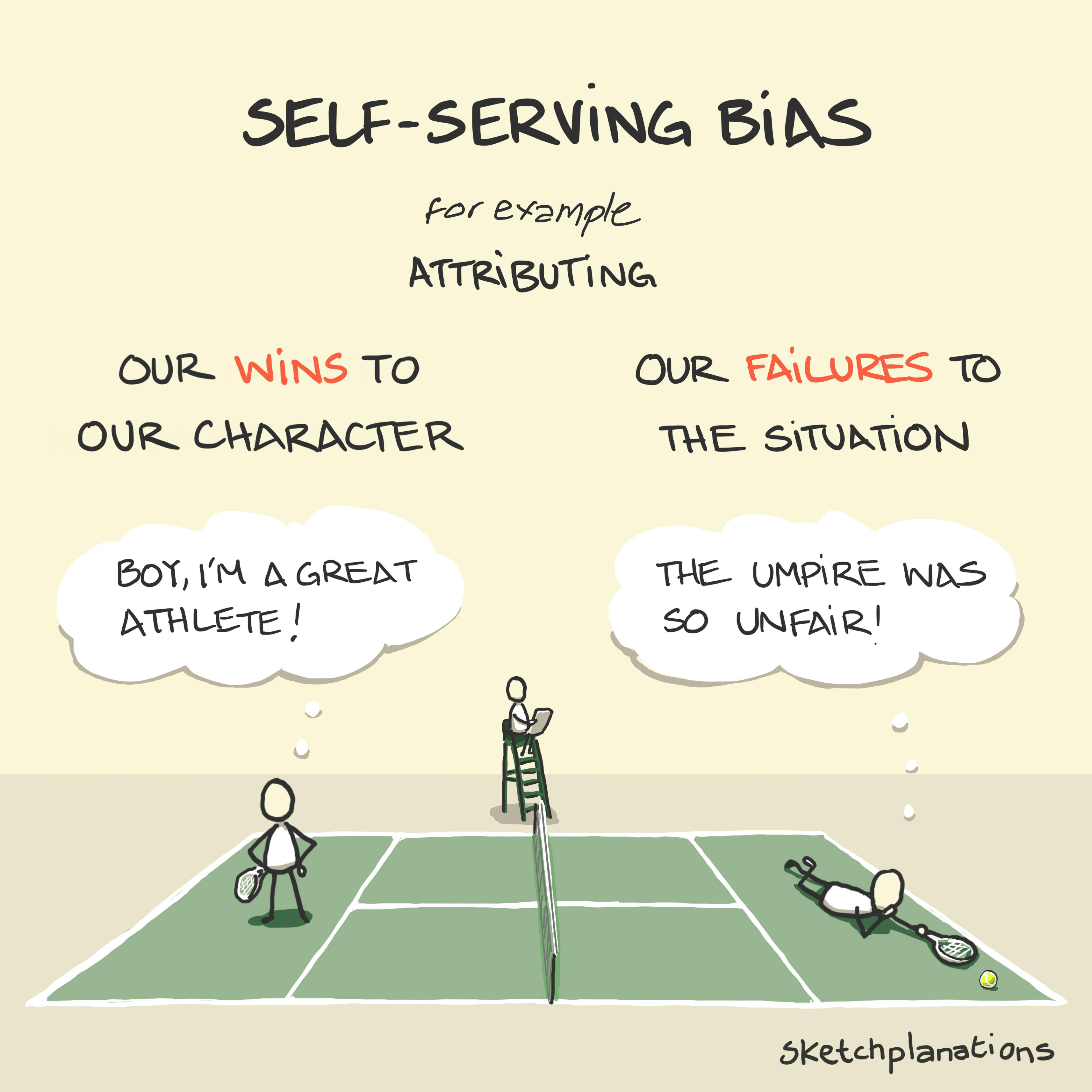 Self-serving bias illustration: two tennis players think on their contrasting fortunes, the winner proud of their athleticism (character), and the loser blaming the umpire (the situation).