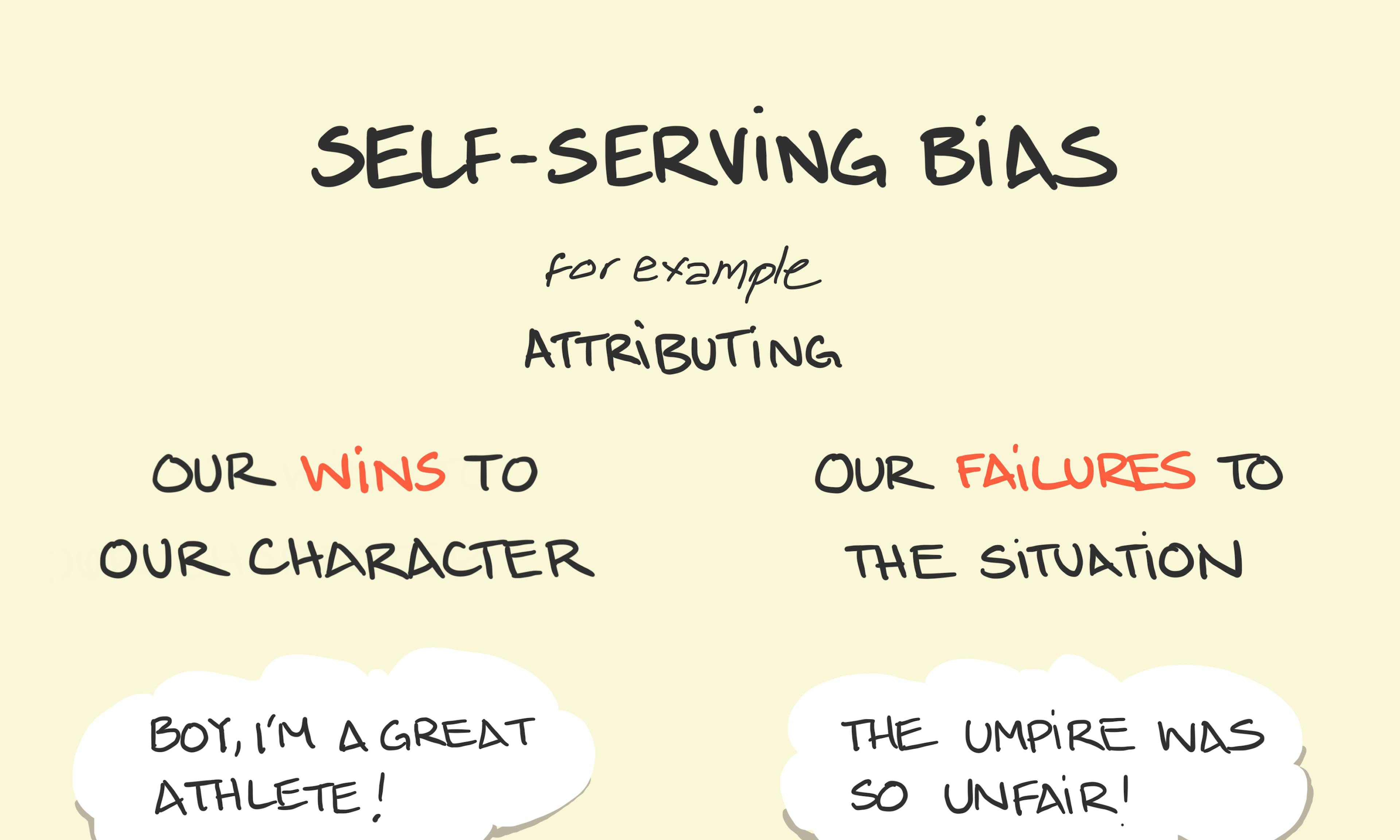 What is Self-serving bias example explained: two tennis players think on their contrasting fortunes, the winner proud of their athleticism (character), and the loser blaming the umpire (the situation).
