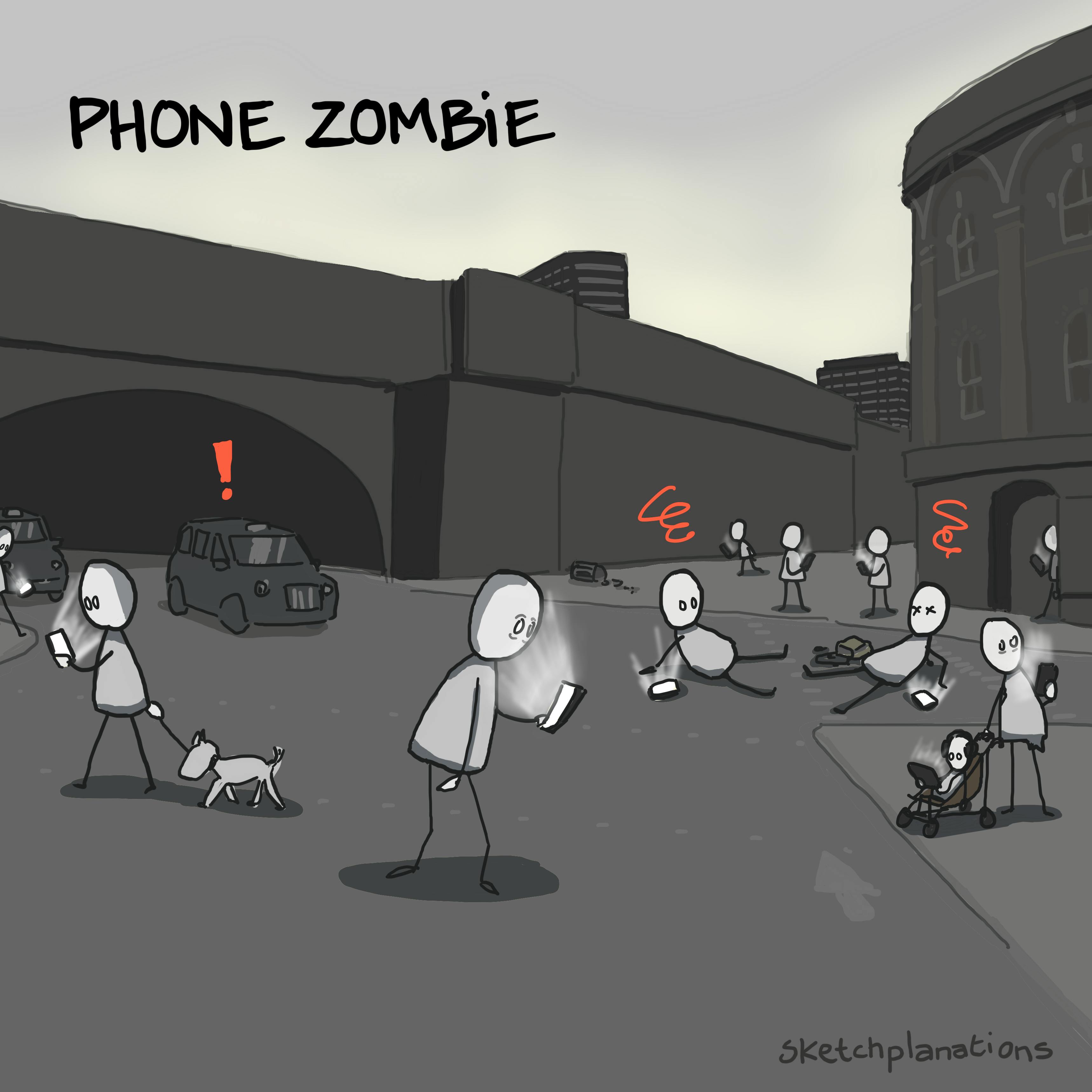 What is a phone zombie example: pedestrians turned zombies staring into their phones run into danger and bump into each other while crossing a road