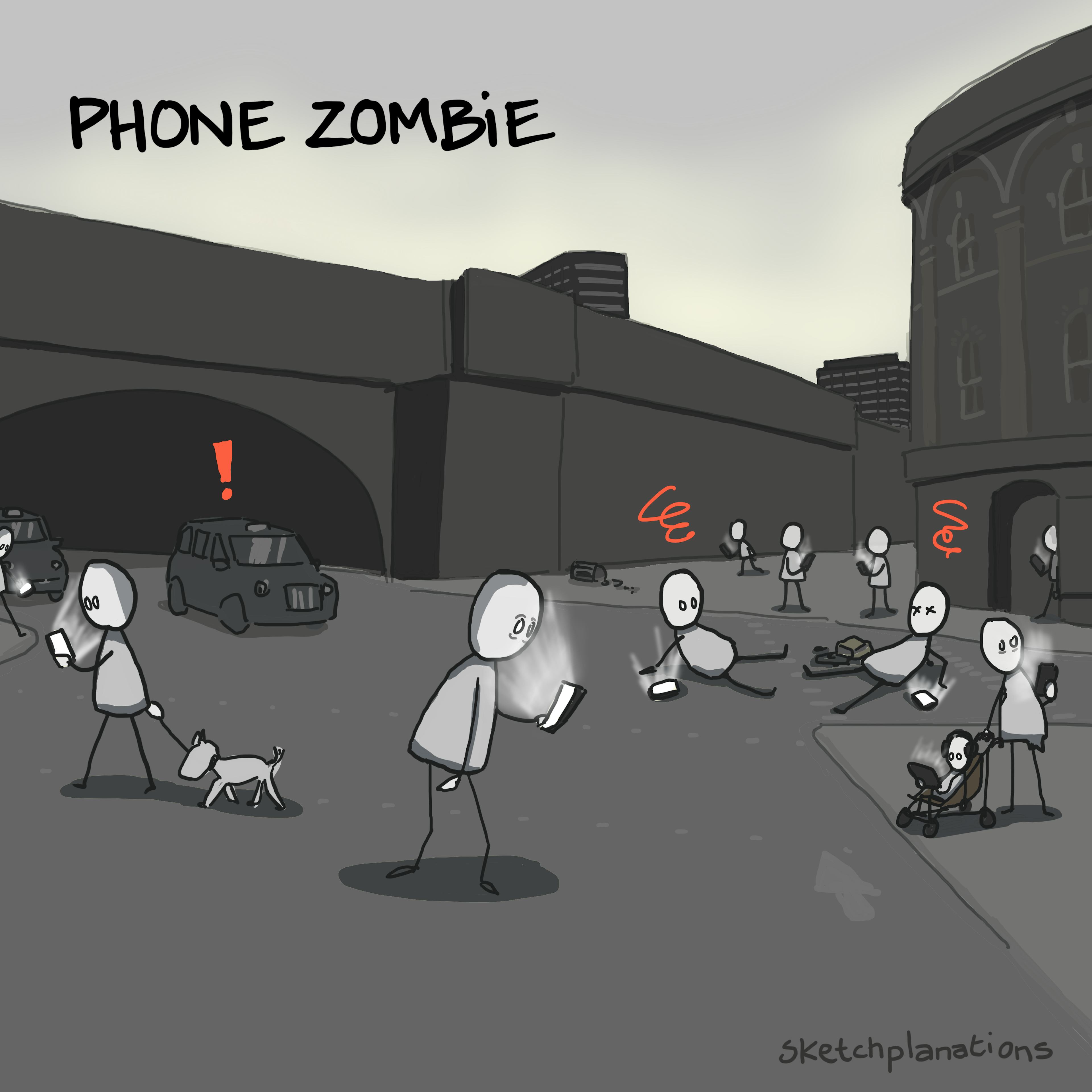 Phone zombie illustration: pedestrians turned zombies staring into their phones run into danger and bump into each other while crossing a road