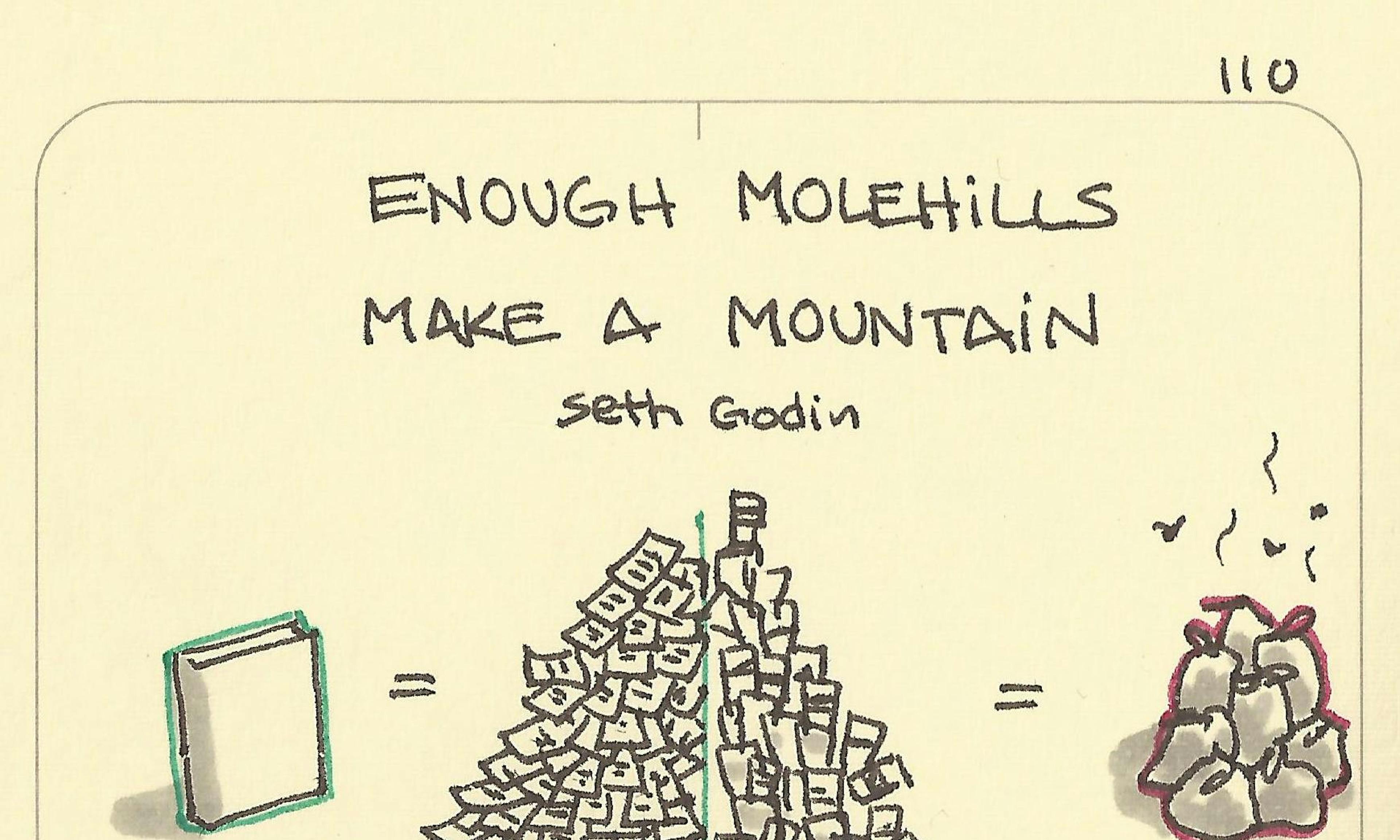 Enough molehillls make a mountain quote from Seth Godin, showing how a book can be made up from a little writing or sketch a day, or a trash heap is made from small pieces of litter.