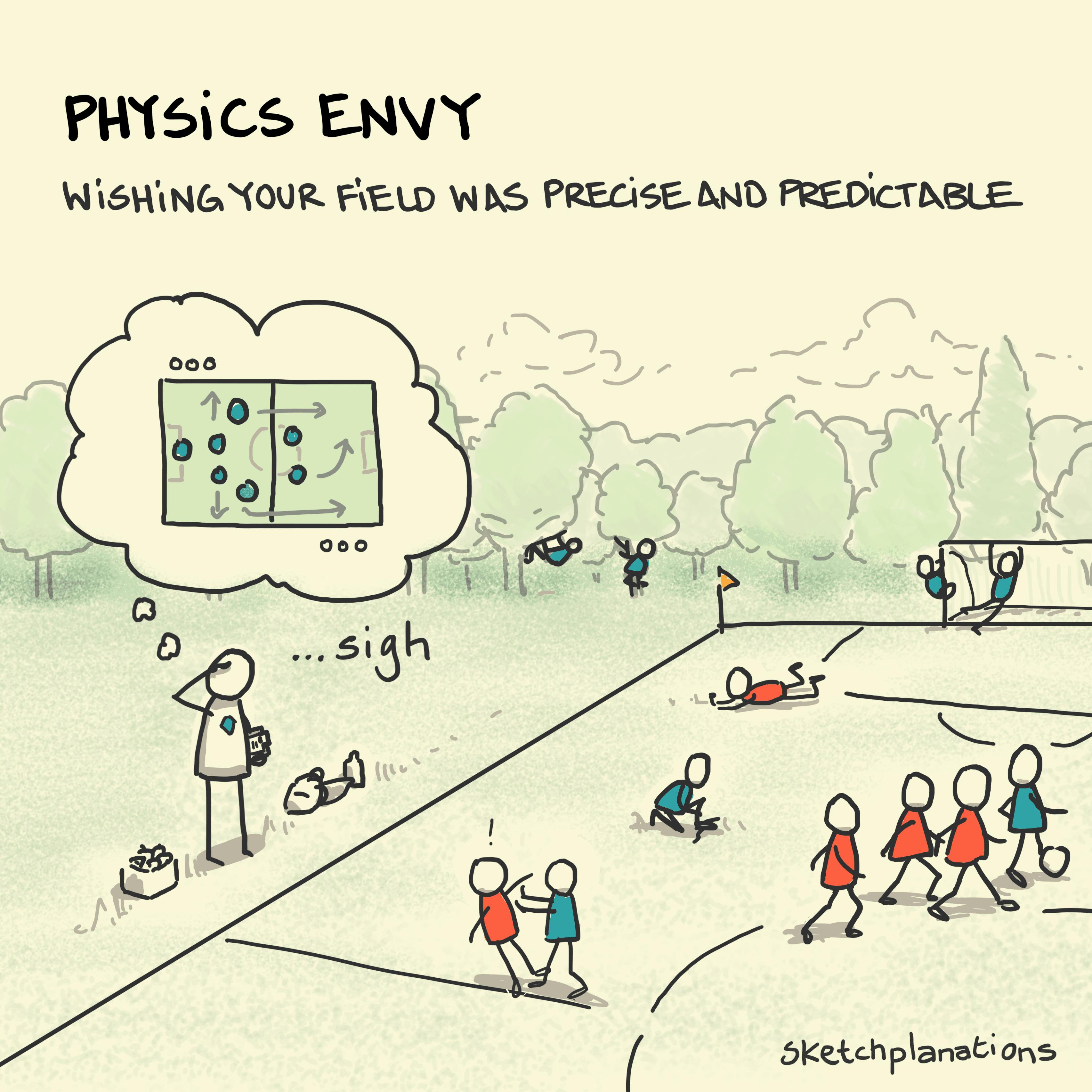 Physics envy: a football coach looks on exasperated as none of his young team play according to the plan