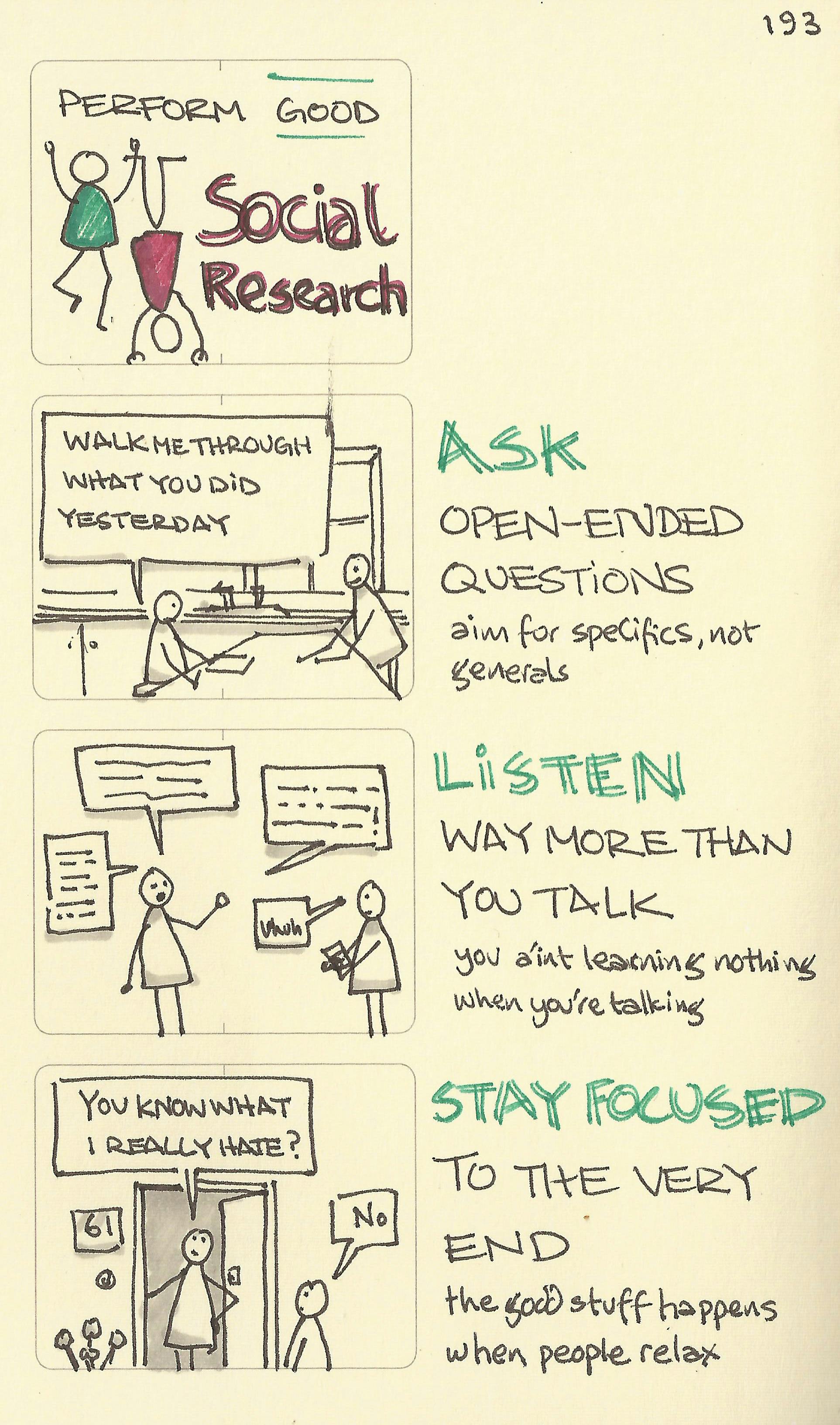 Perform good social research 3 visuals explaining: Ask open-ended questions, Listen way more than you talk, and Stay focused to the very end