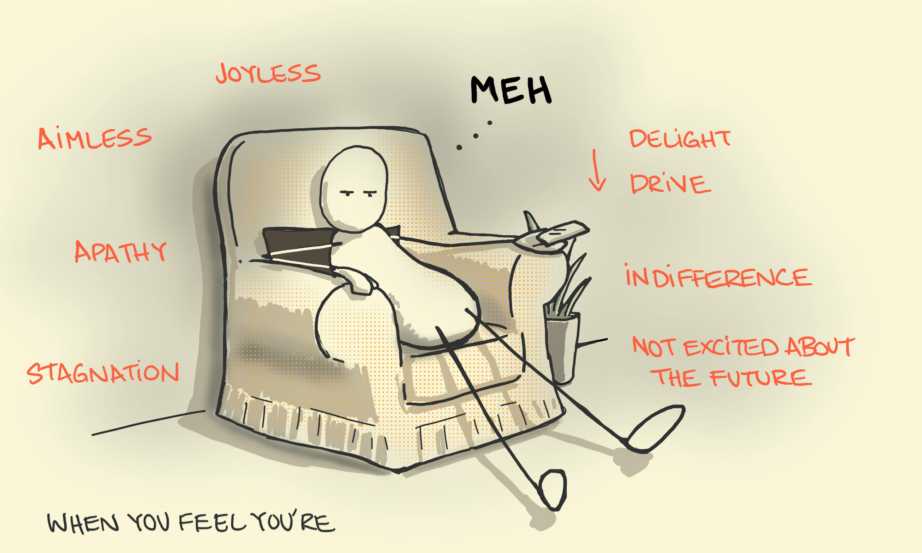 Languishing illustration: an unmotivated, apathetic figure sits slumped in an armchair with a TV remote in hand, clearly fed up and demoralised - for the time being at least.