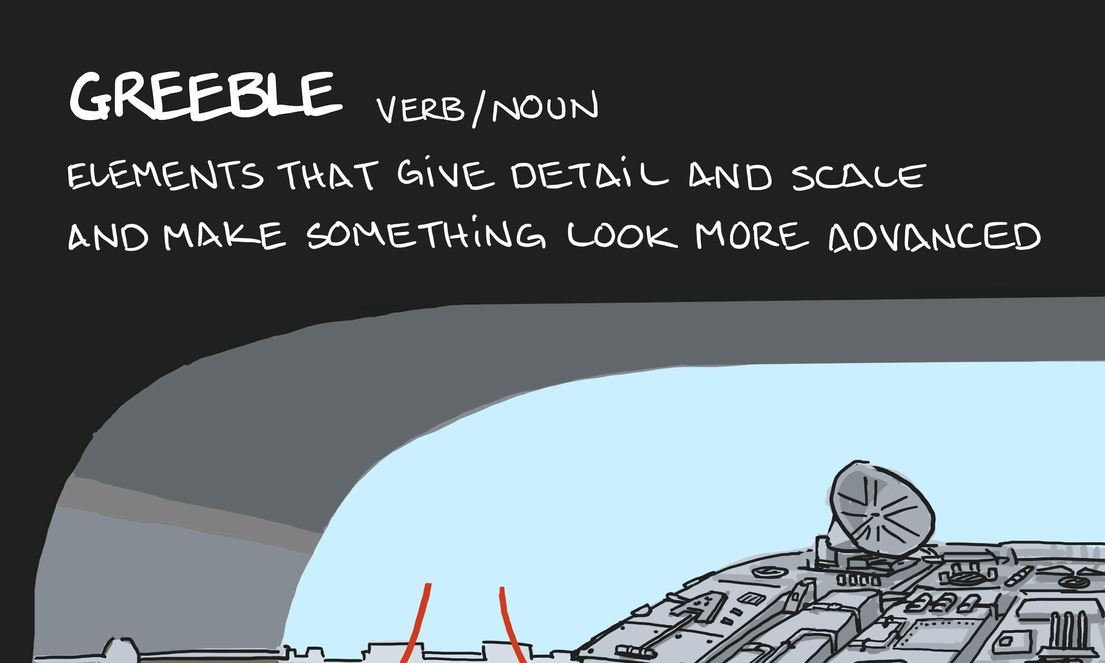 Greeble or greeblie illustration: showing a panel of buttons on a wall and a ship in a spaceport rather like the Millenium Falcom full of small elements that give detail and scale