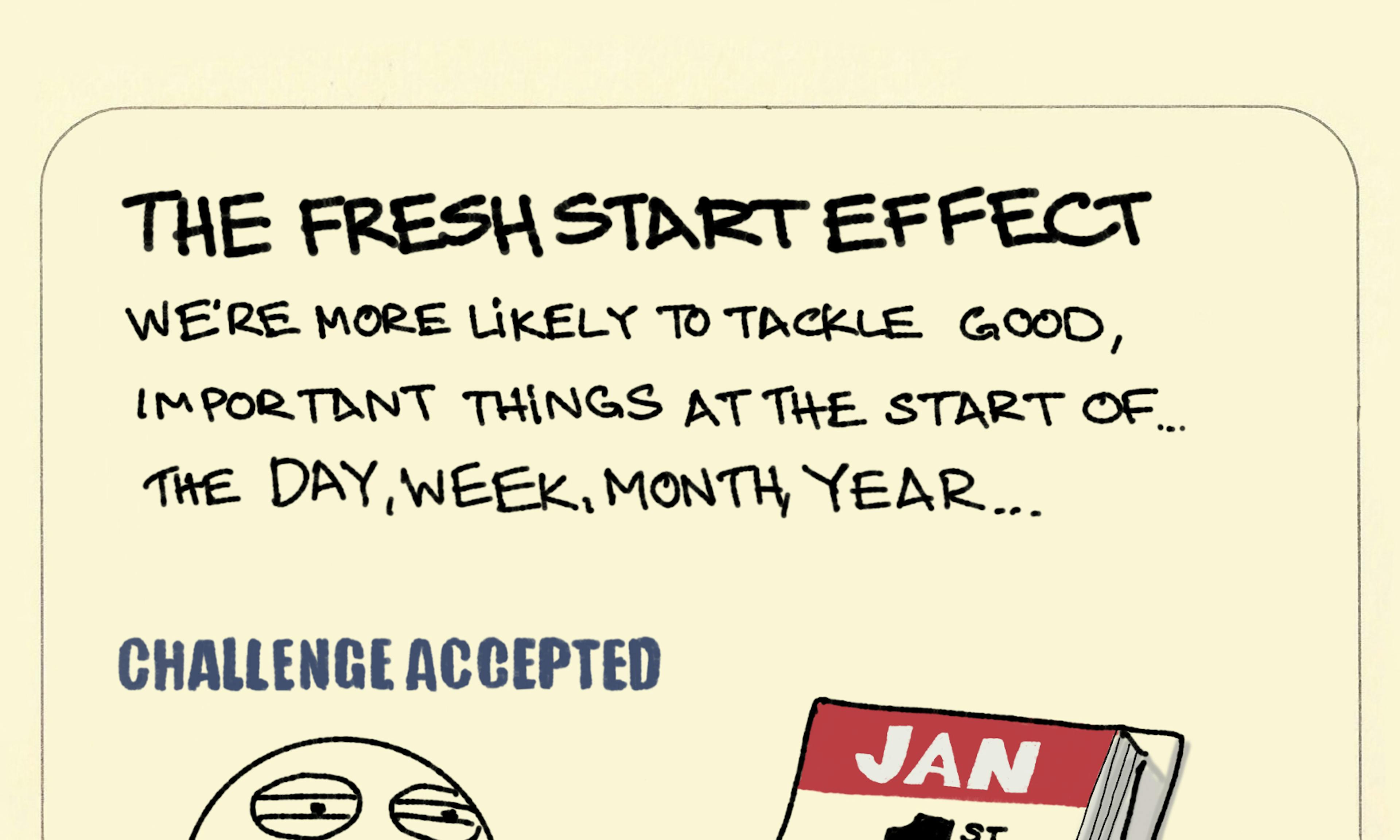What is the Fresh Start Effect example explained: a brave person thinks challenge accepted on Monday 1st January thanks to the Fresh start effect from Katy Milkman