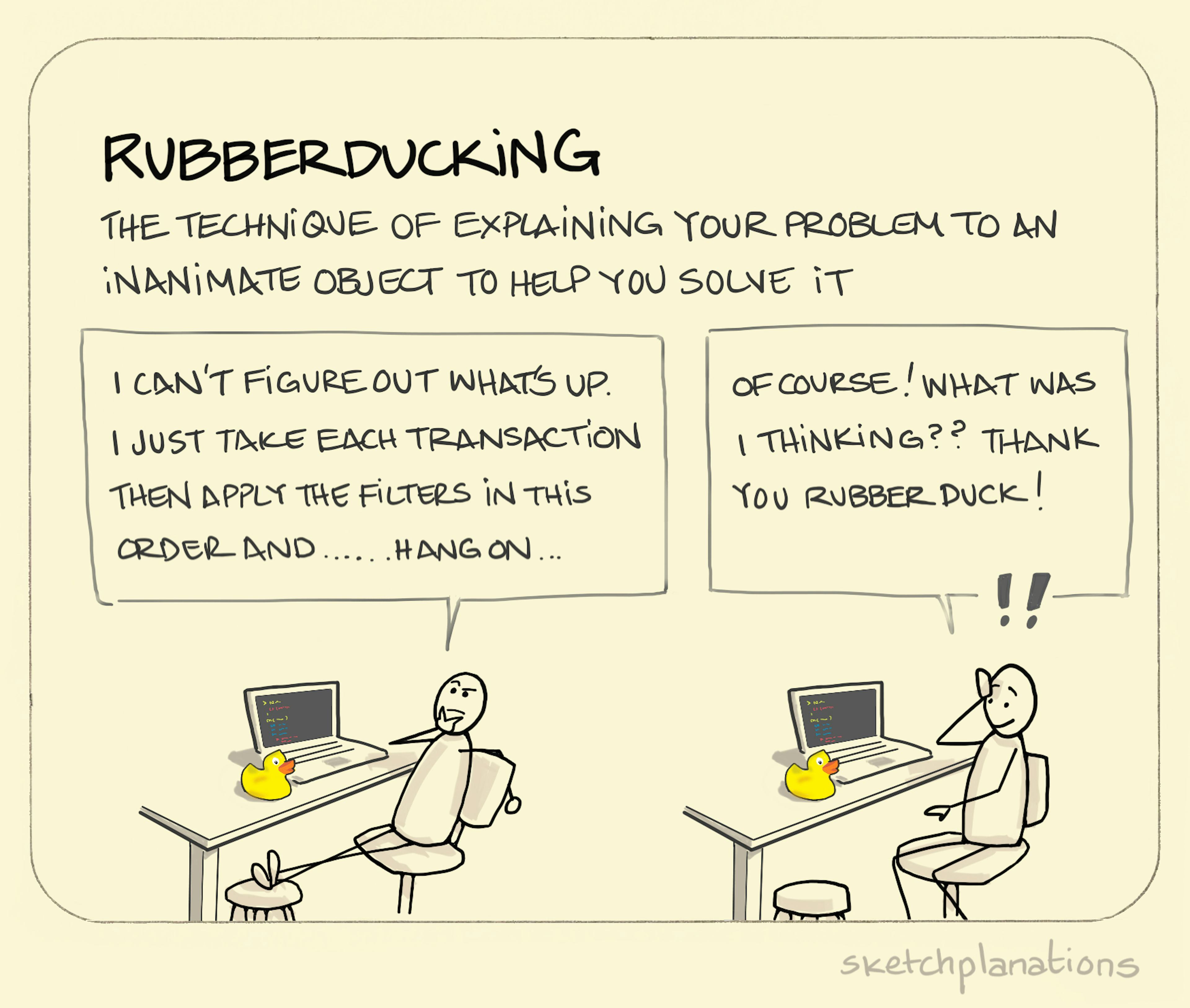 Rubberducking: a developer talks their problem through with the therapist duck on the table only to reveal the insight they need. Often useful for debugging.