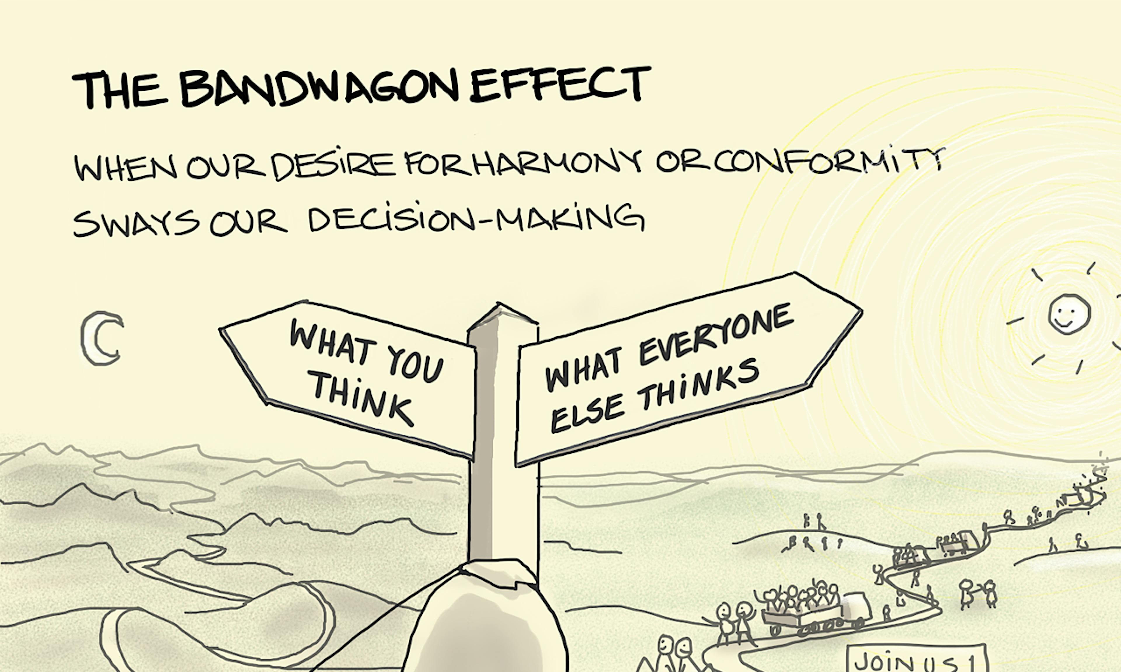 The bandwagon effect: someone struggles to decide at a path forking between a long empty road of 'what they think' and one full of people and fun of 'what everyone thinks'
