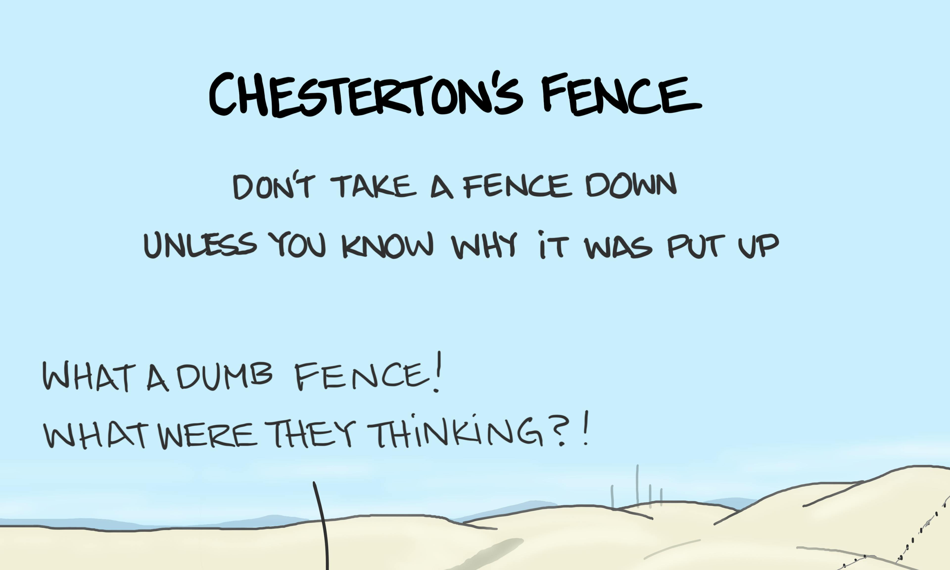 What is Chesterton's fence example explained: the meaning of Chesterton's Fence shown by two people contemplating a barbed wire fence stretching through rolling hills and wondering why on earth someone put a fence there, unaware of the large animal down the slope