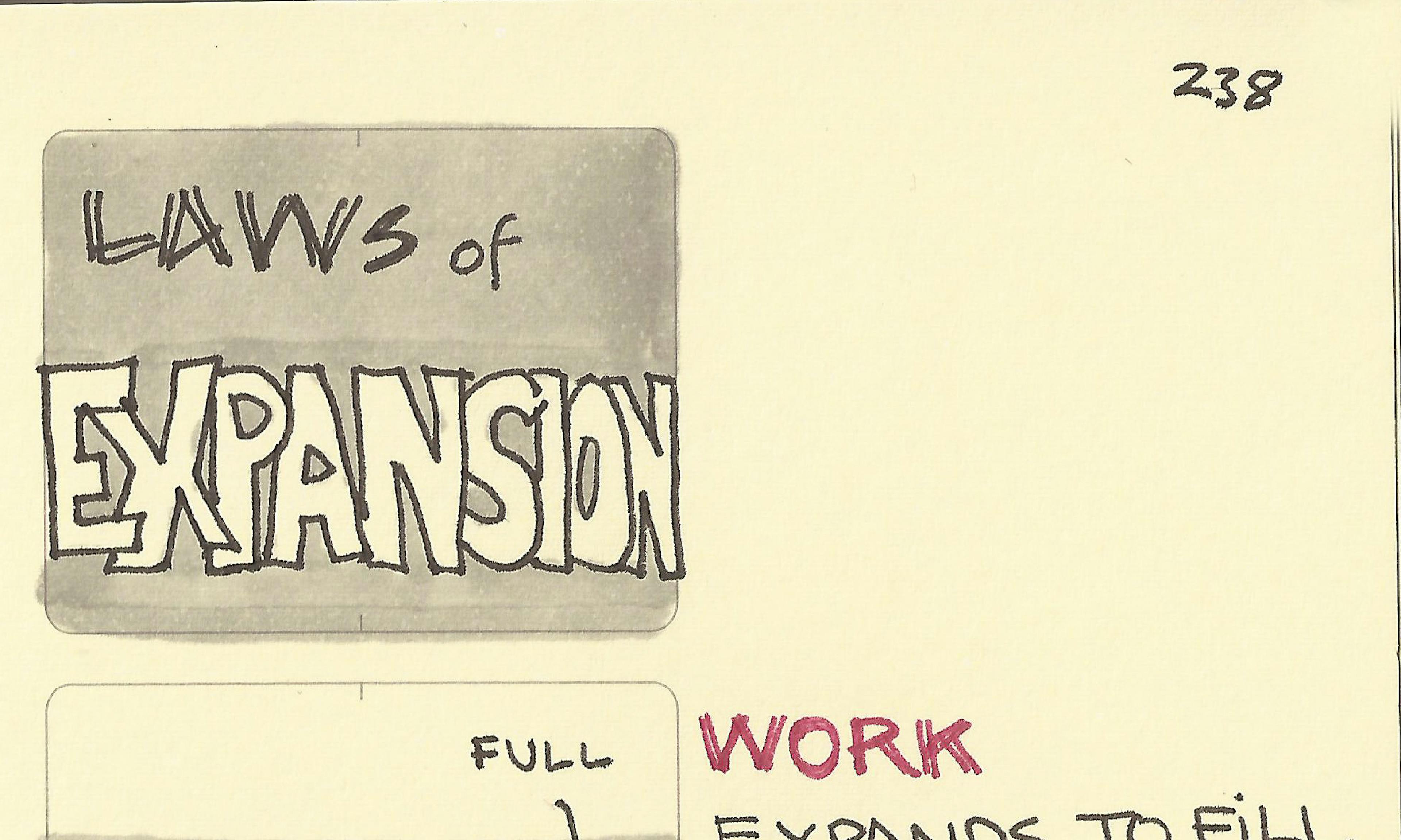 Sketches of the laws of expansion: a gantt chart shows Parkinson's Law — Work expands to fill the available time; two houses show Stuff expands to fill the available space; and a budget suitcase shows Cost expands to fill the available budget