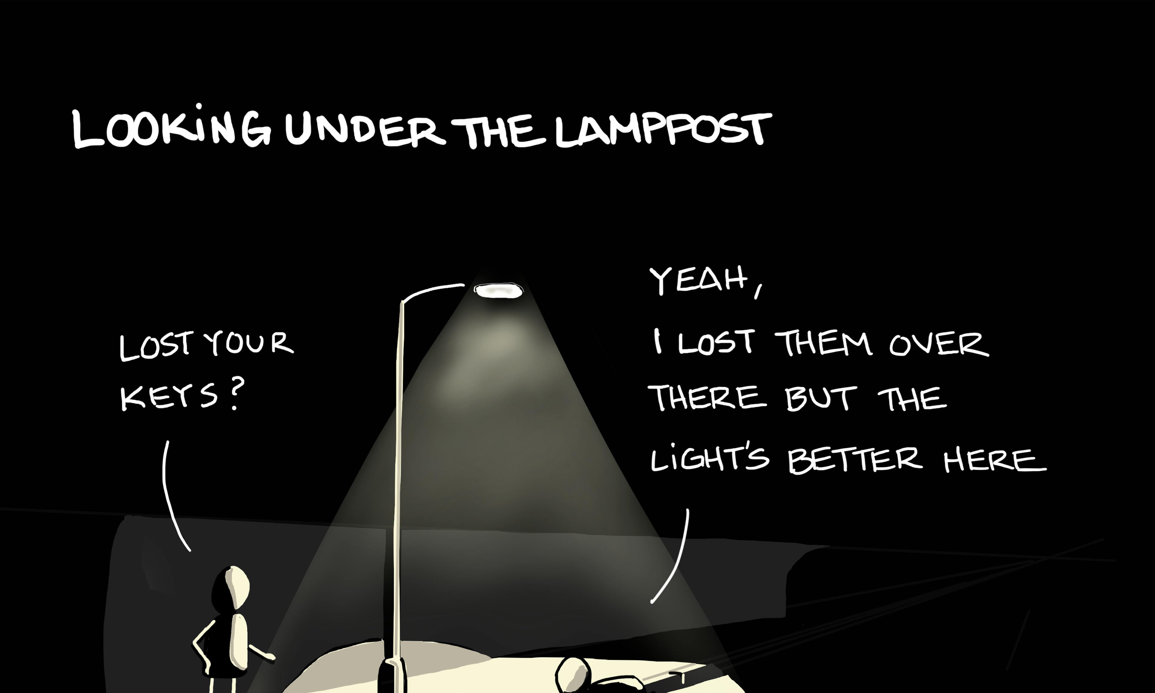 Looking under the lamppost, the streetlight effect, or the drunkard's search: a person asks someone scrabbling on the floor under a lamppost at night if they've lost their keys. The person replies they lost them elsewhere, but the light's much better here.