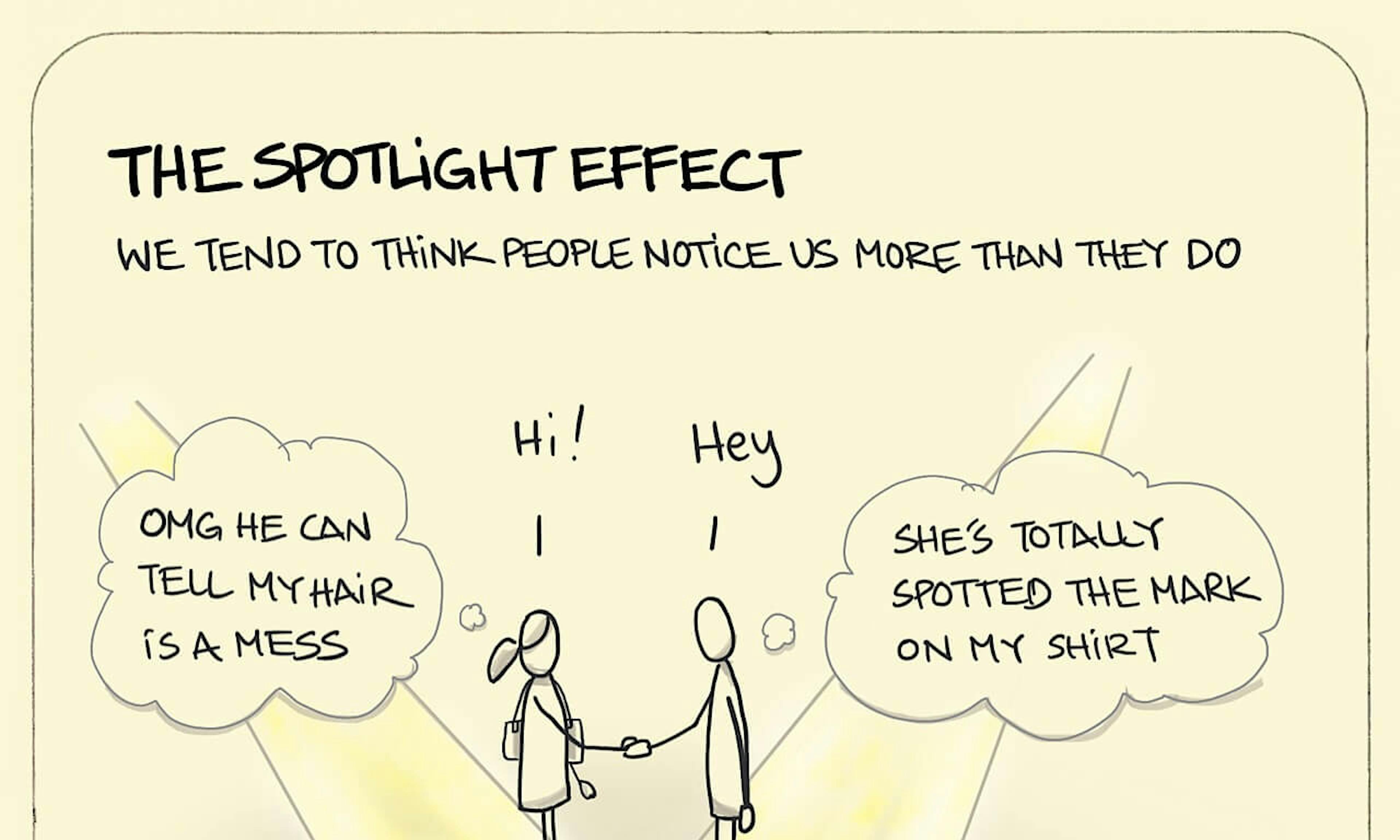 The Spotlight Effect illustration: two individuals greet one another, each illuminated by an intense spotlight as if on stage - and each secretly worry about how the other perceives their appearance.