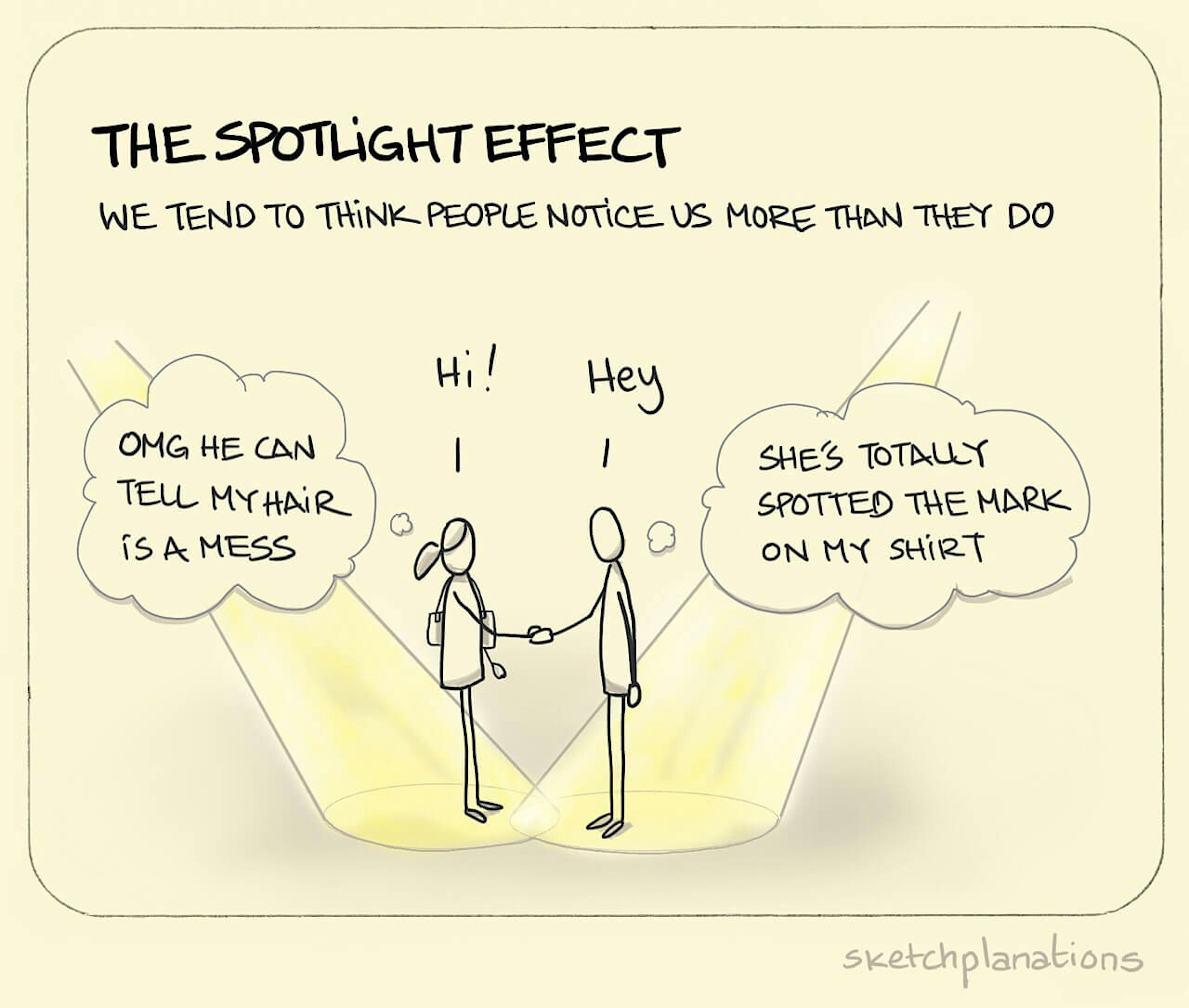 The Spotlight Effect illustration: two individuals greet one another, each illuminated by an intense spotlight as if on stage - and each secretly worry about how the other perceives their appearance.