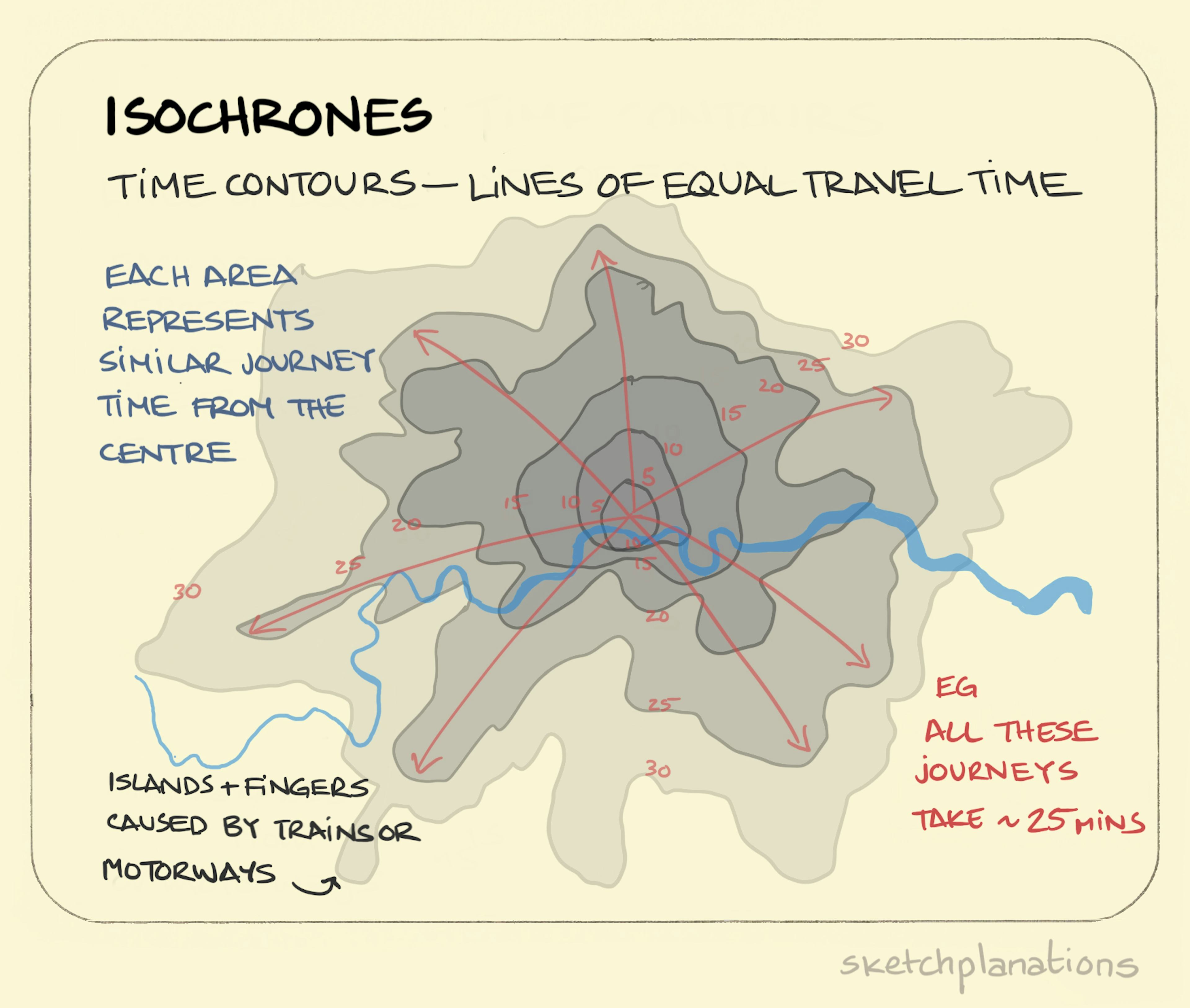Isochrones illustration: An aerial view of London shows enclosed concentric, but irregular shapes, radiating out from the centre of the city, denoting areas of equal travel time; from 5 minutes to 30 minutes. 