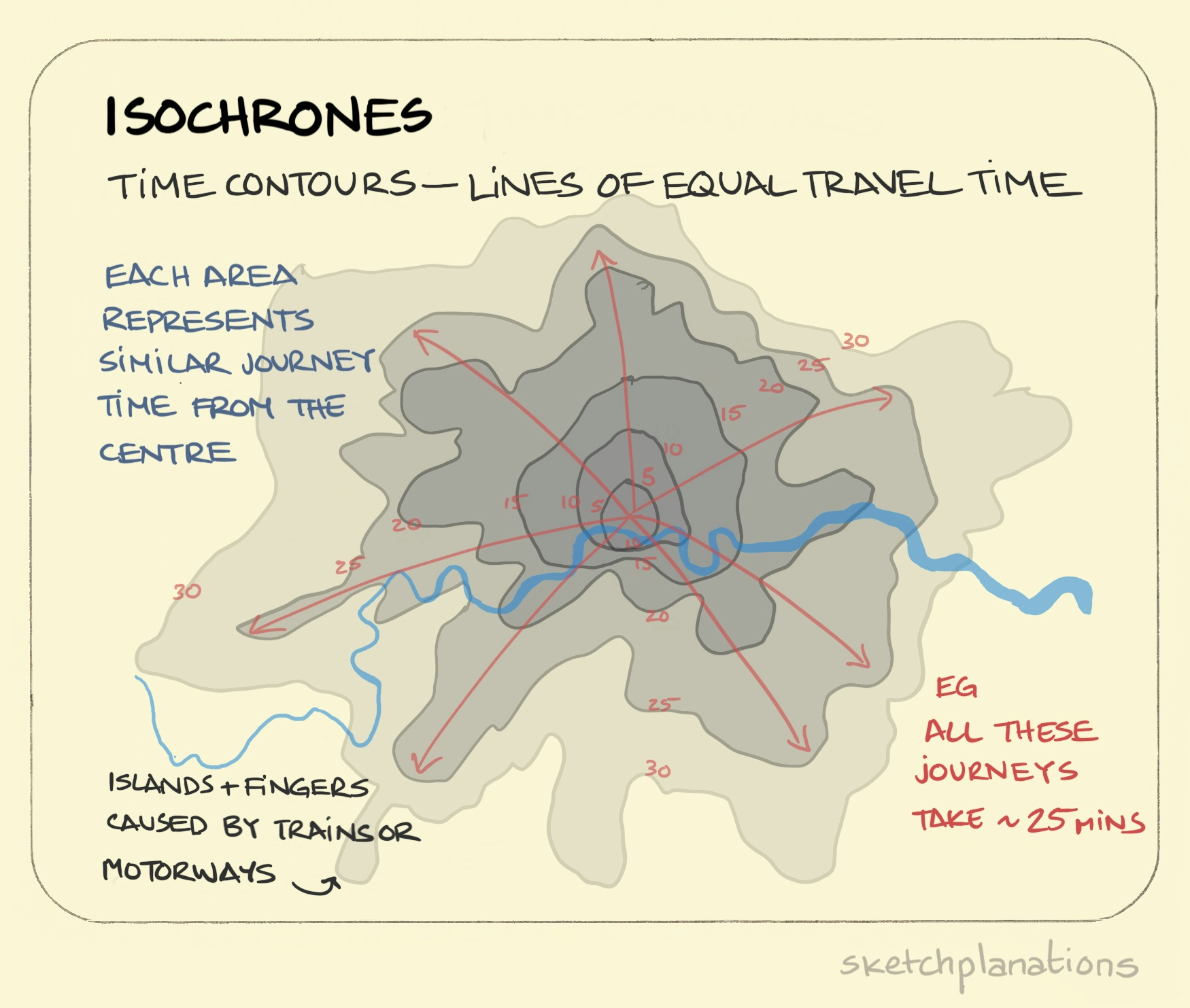 Isochrones illustration: An aerial view of London shows enclosed concentric, but irregular shapes, radiating out from the centre of the city, denoting areas of equal travel time; from 5 minutes to 30 minutes.