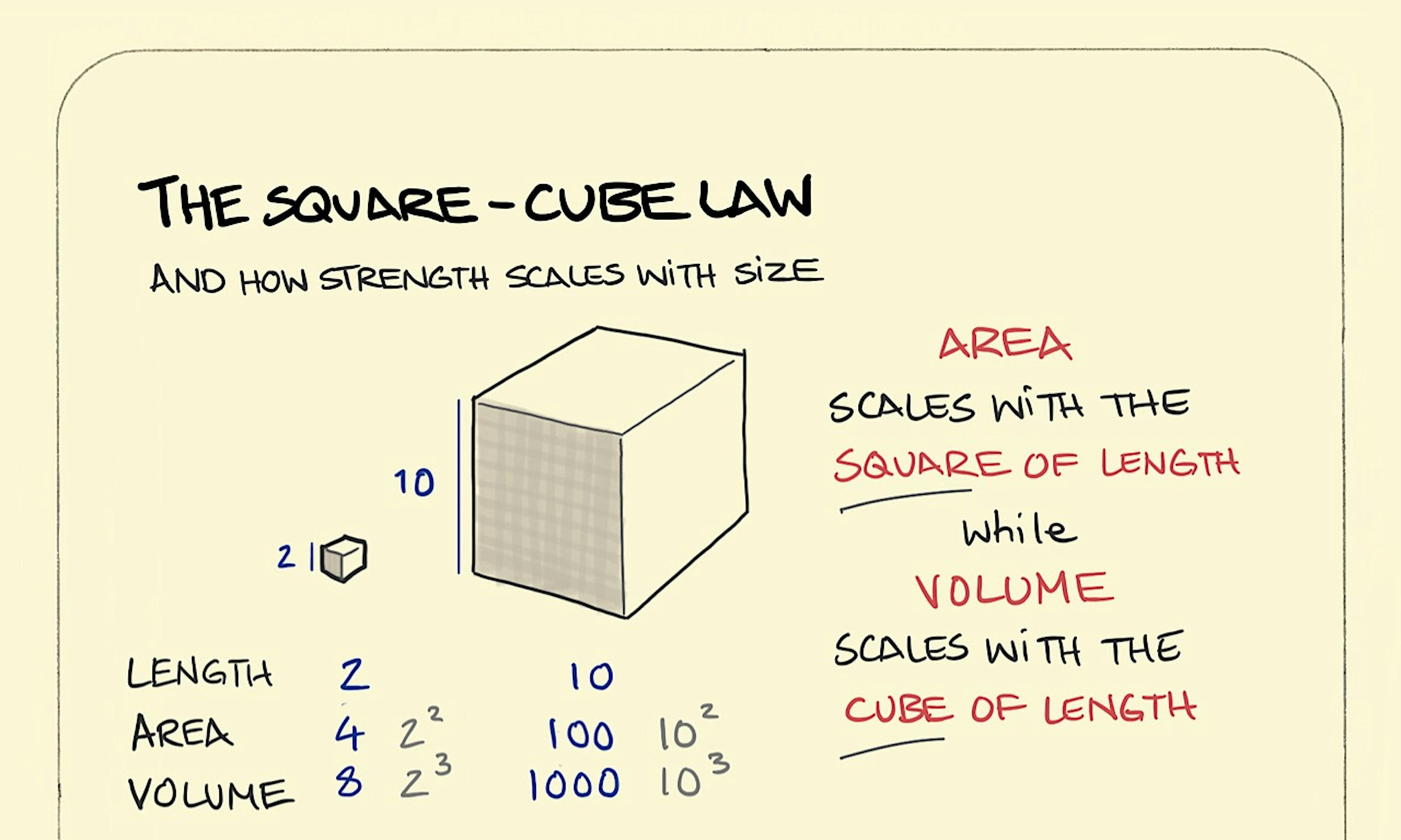 Square cube law illustration with volume increasing faster than length and an elephant, an ant carrying a giant leaf and a child on the monkey bars as examples