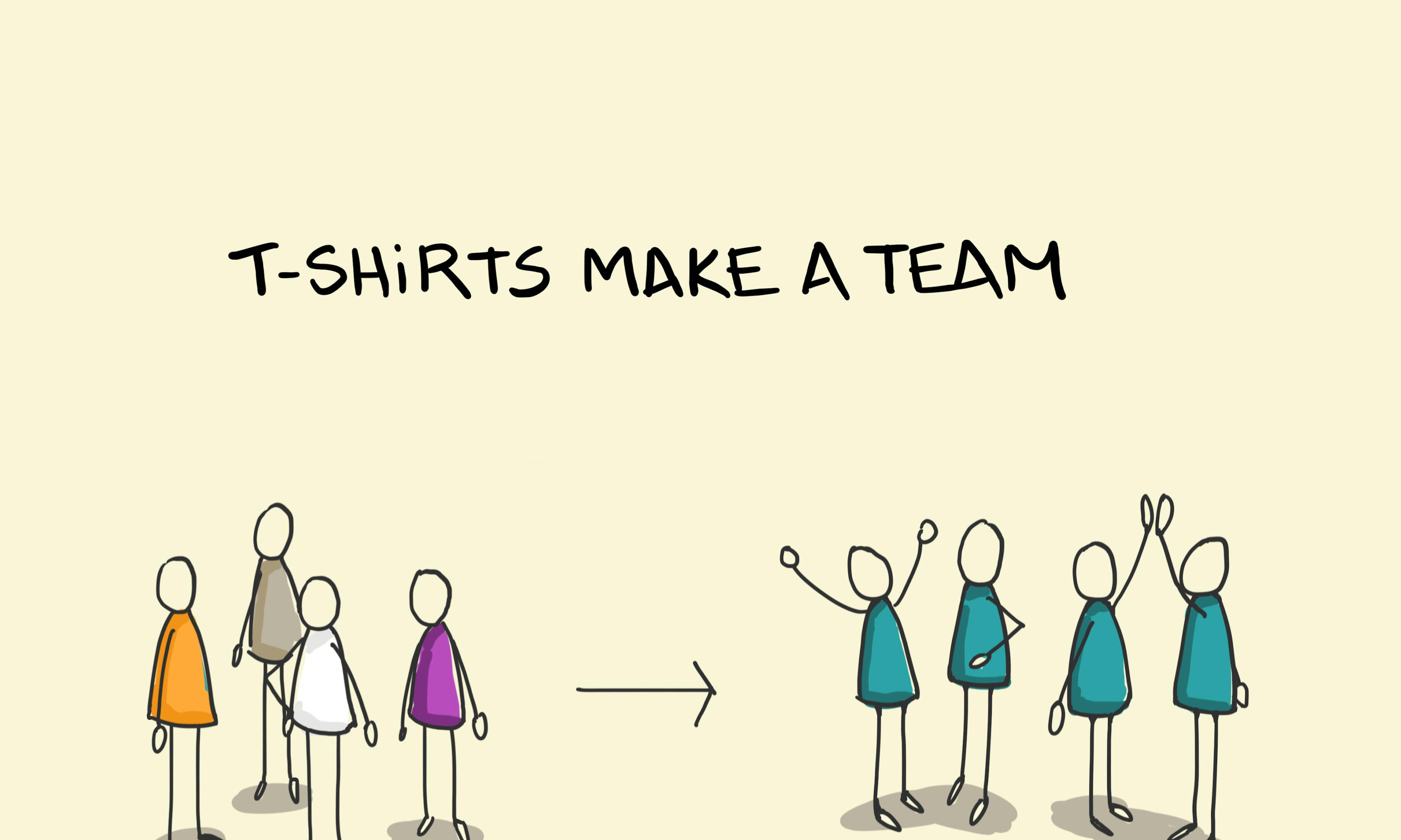 T-Shirts make a Team illustration: The group of people on the left have different coloured t-shirts and seem a bit lost. The group on the right are all wearing green t-shirts and they're celebrating success. What a team!