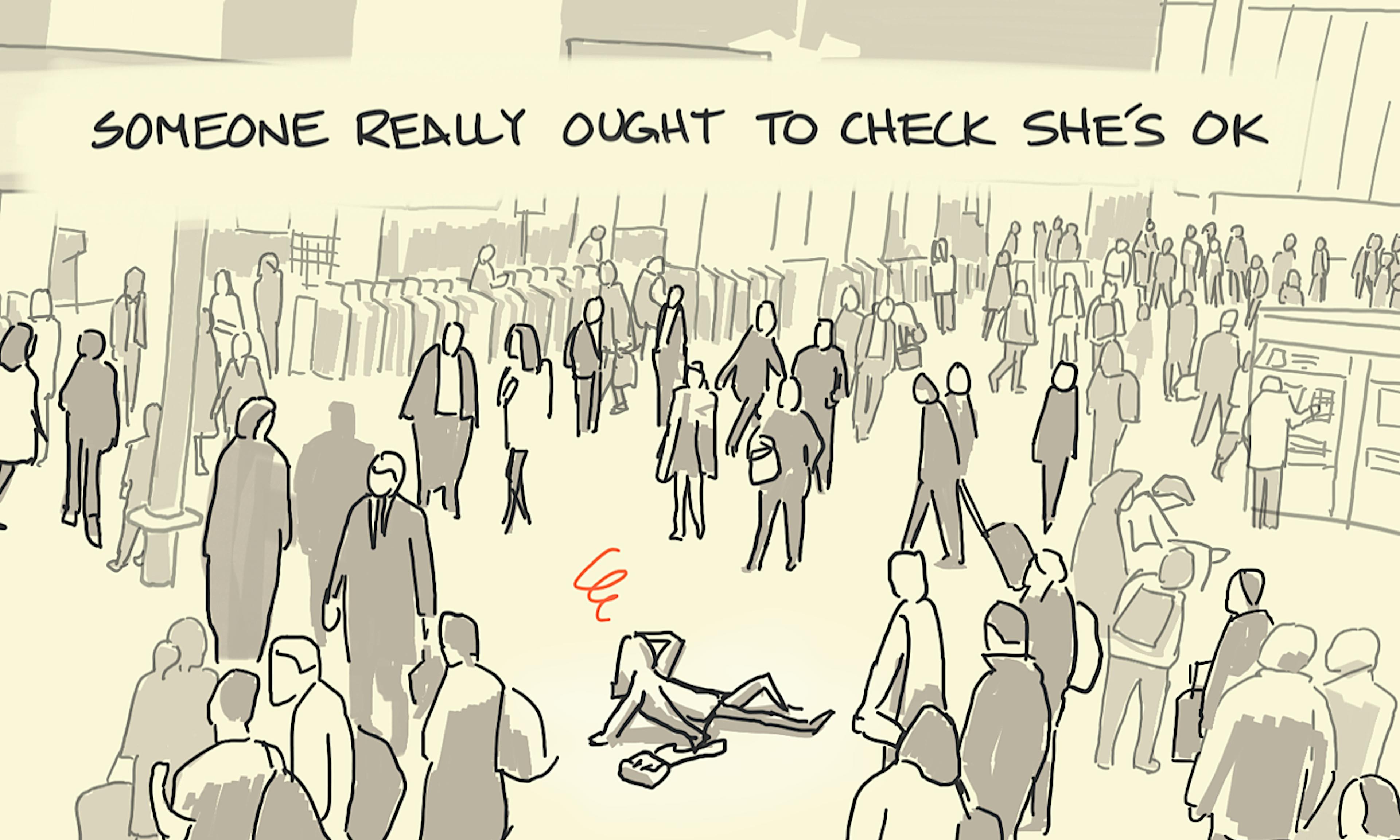 The bystander effect: a lady sits dazed on the floor in a busy train station while others ignore her or walk on by — someone really ought to check she's ok