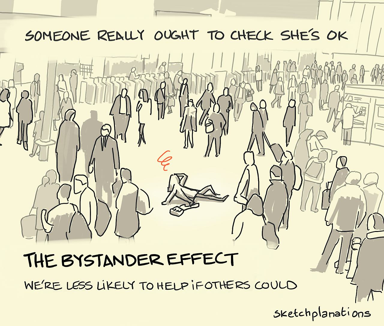 The bystander effect: a lady sits dazed on the floor in a busy train station while others ignore her or walk on by — someone really ought to check she's ok