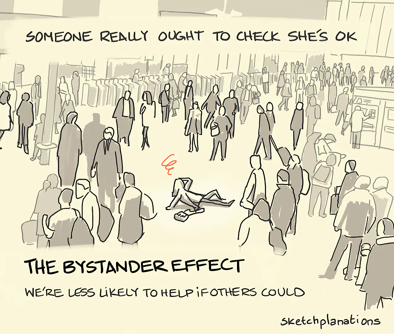 The bystander effect: a lady sits dazed on the floor in a busy train station while others ignore her or walk on by — someone really ought to check she's ok