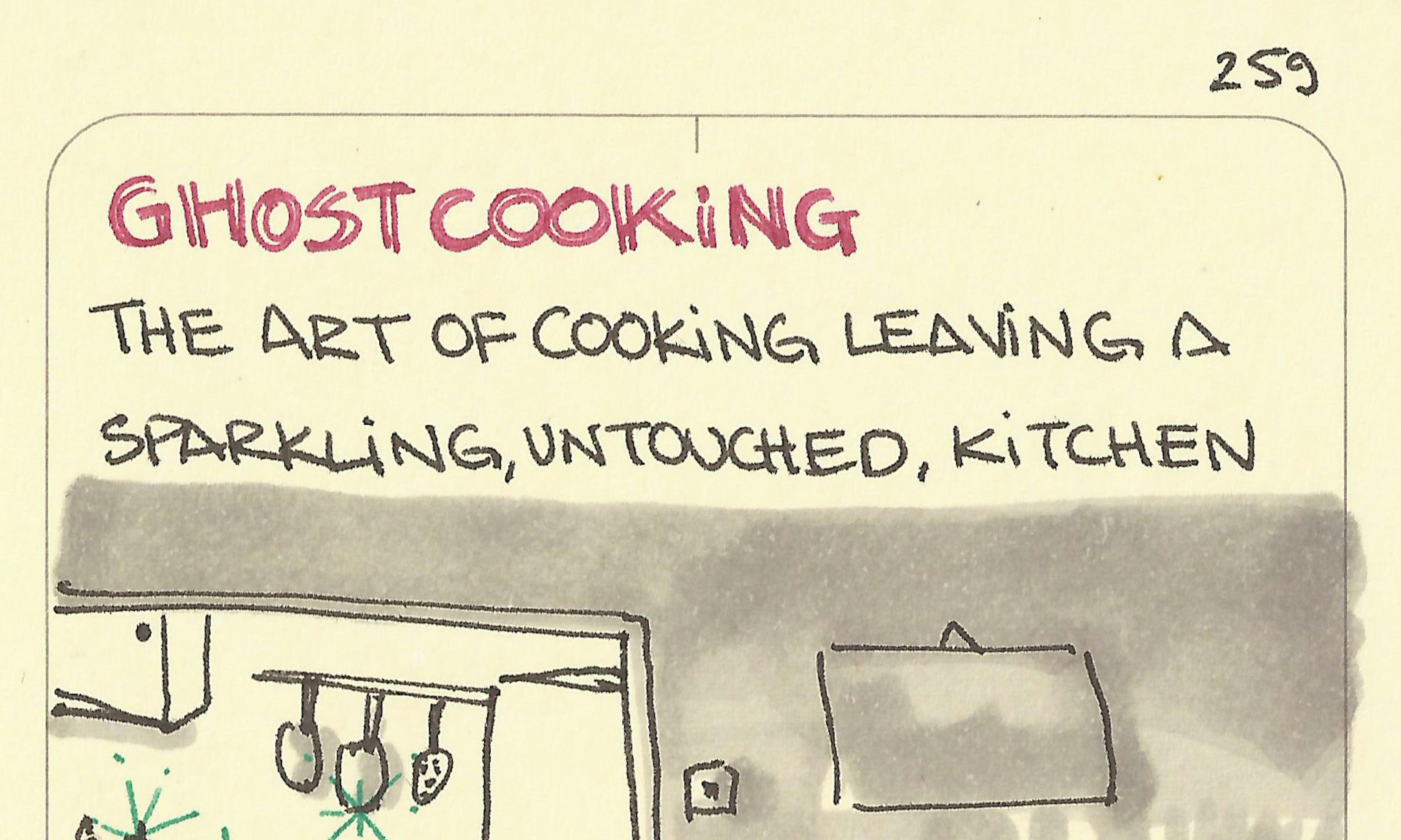 Ghost cooking illustration: the art of cooking leaving a sparkling, untouched kitchen